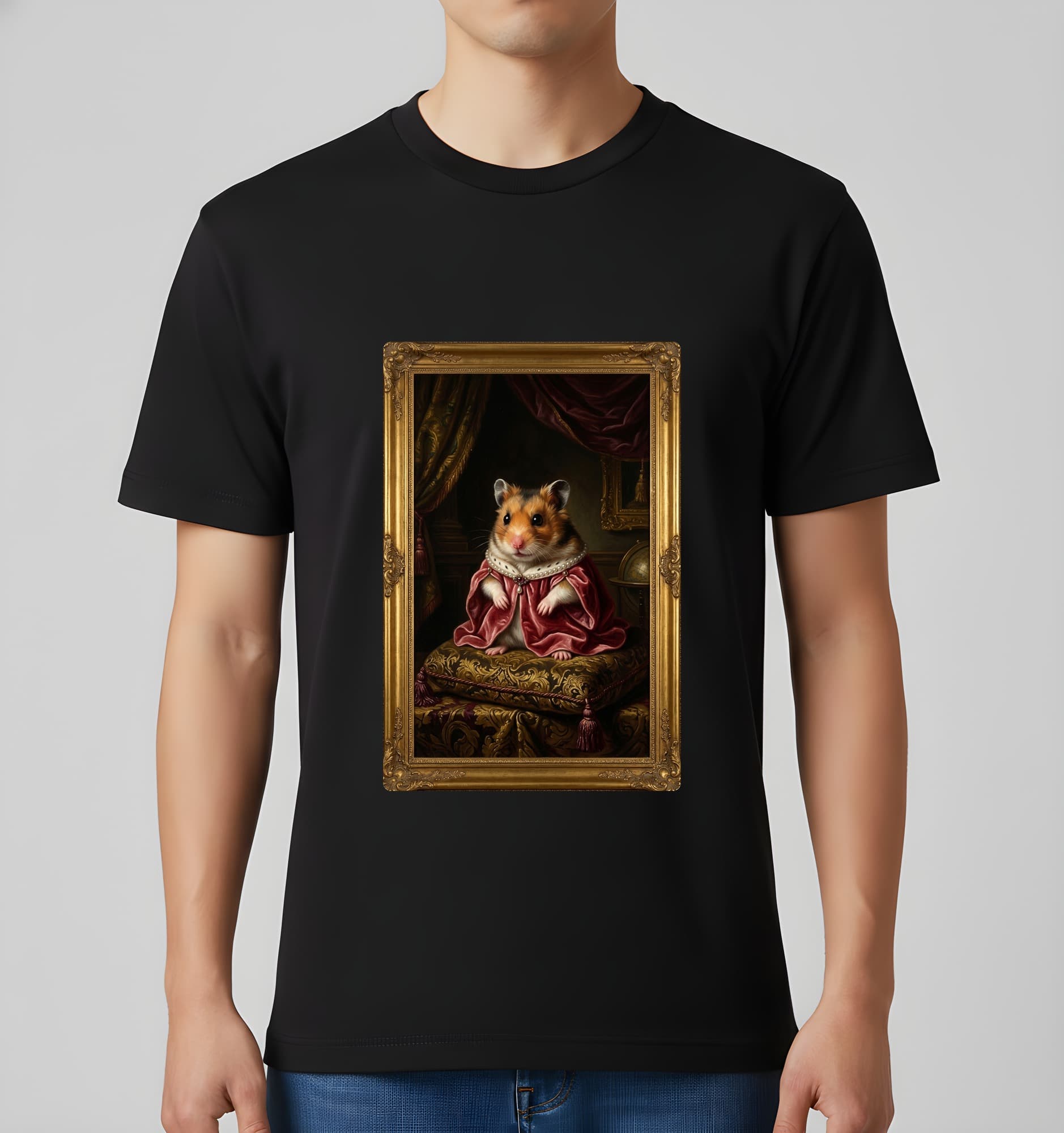 キャンベルハムスターのルネサンス肖像画Tシャツ(ホワイト・モノクロプリント・額縁デザインあり) 3