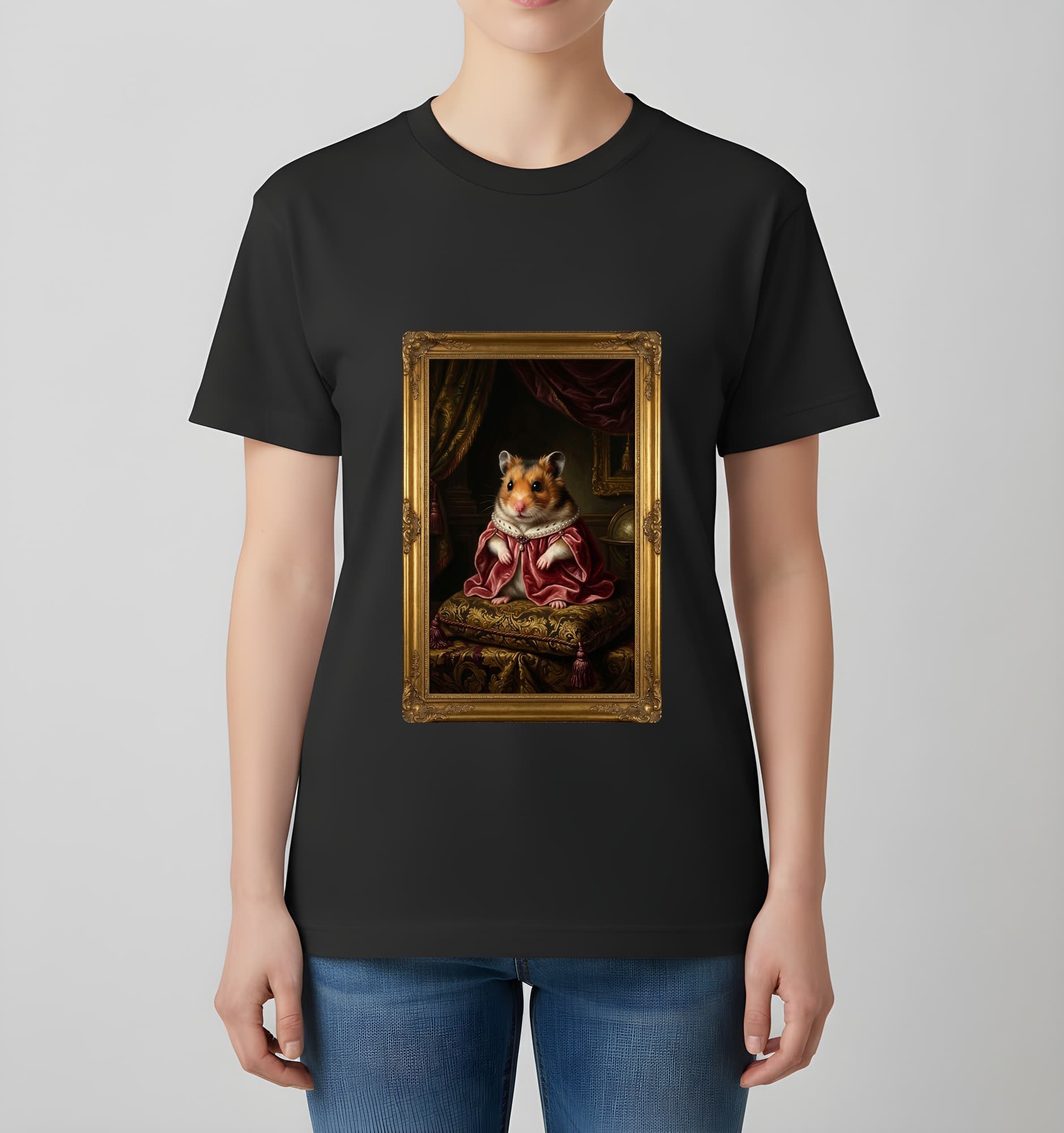 キャンベルハムスターのルネサンス肖像画Tシャツ(ホワイト・モノクロプリント・額縁デザインあり) 4