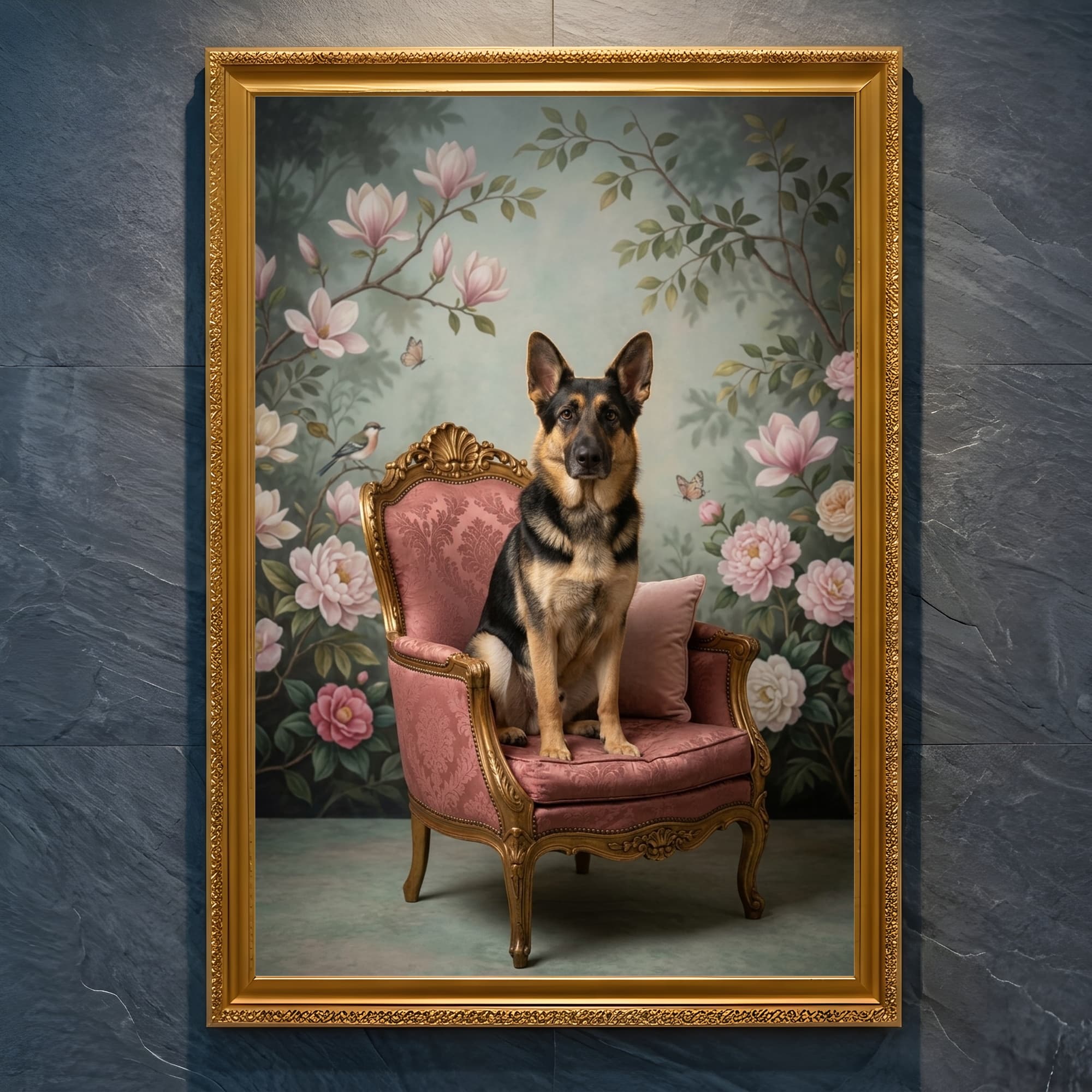 German shepherd Shabby Pink Oil-Painting Rococo Framed Art Print (A4 Gold)