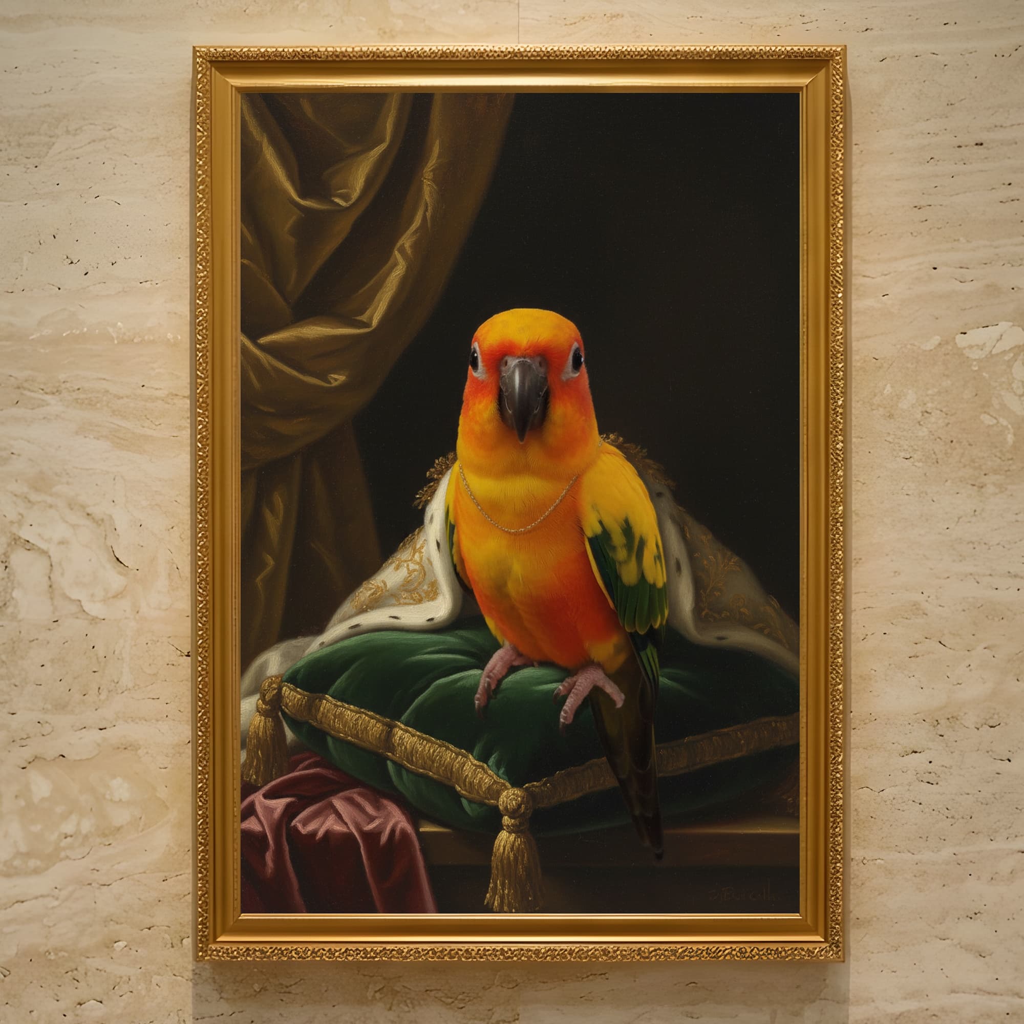 コガネメキシコインコのルネサンス肖像画額装プリント(A3サイズ)