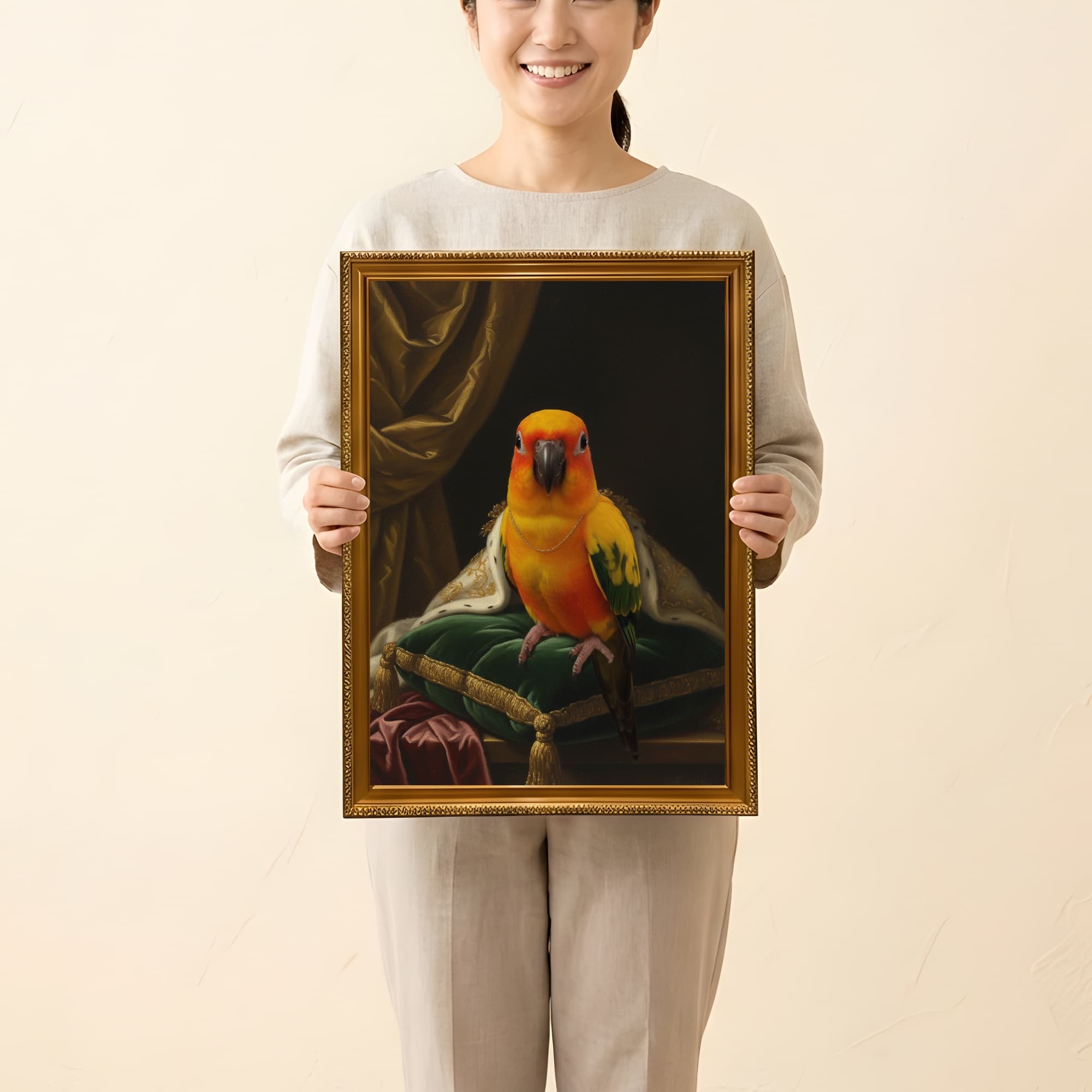 コガネメキシコインコのルネサンス肖像画額装プリント(A3サイズ) 2