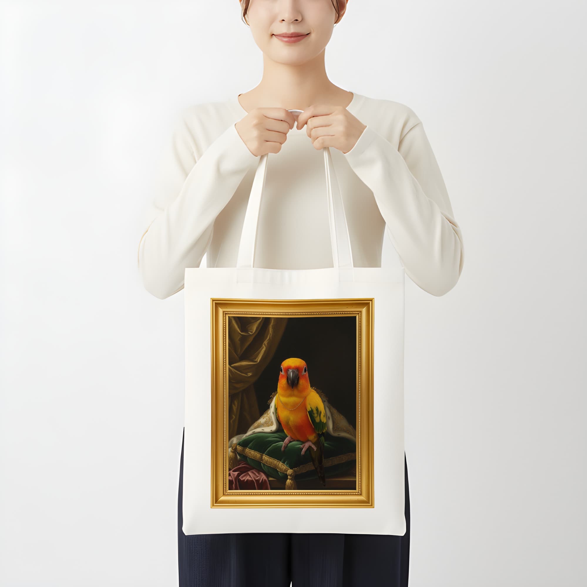 コガネメキシコインコのルネサンス肖像画トートバッグ(カラープリント・額縁デザインあり) 3