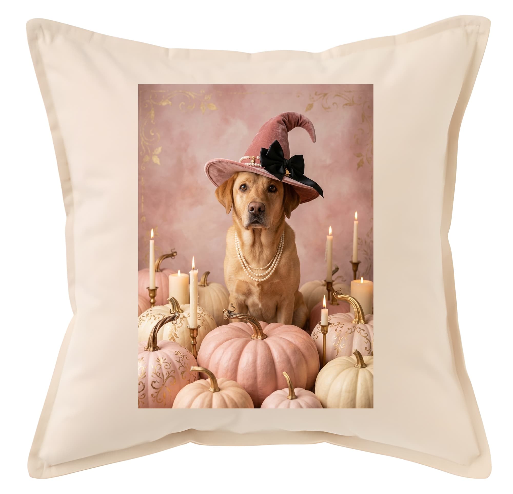 Labrador retriever Pumpkin & Candlelight Oil-Painting Halloween Cushion