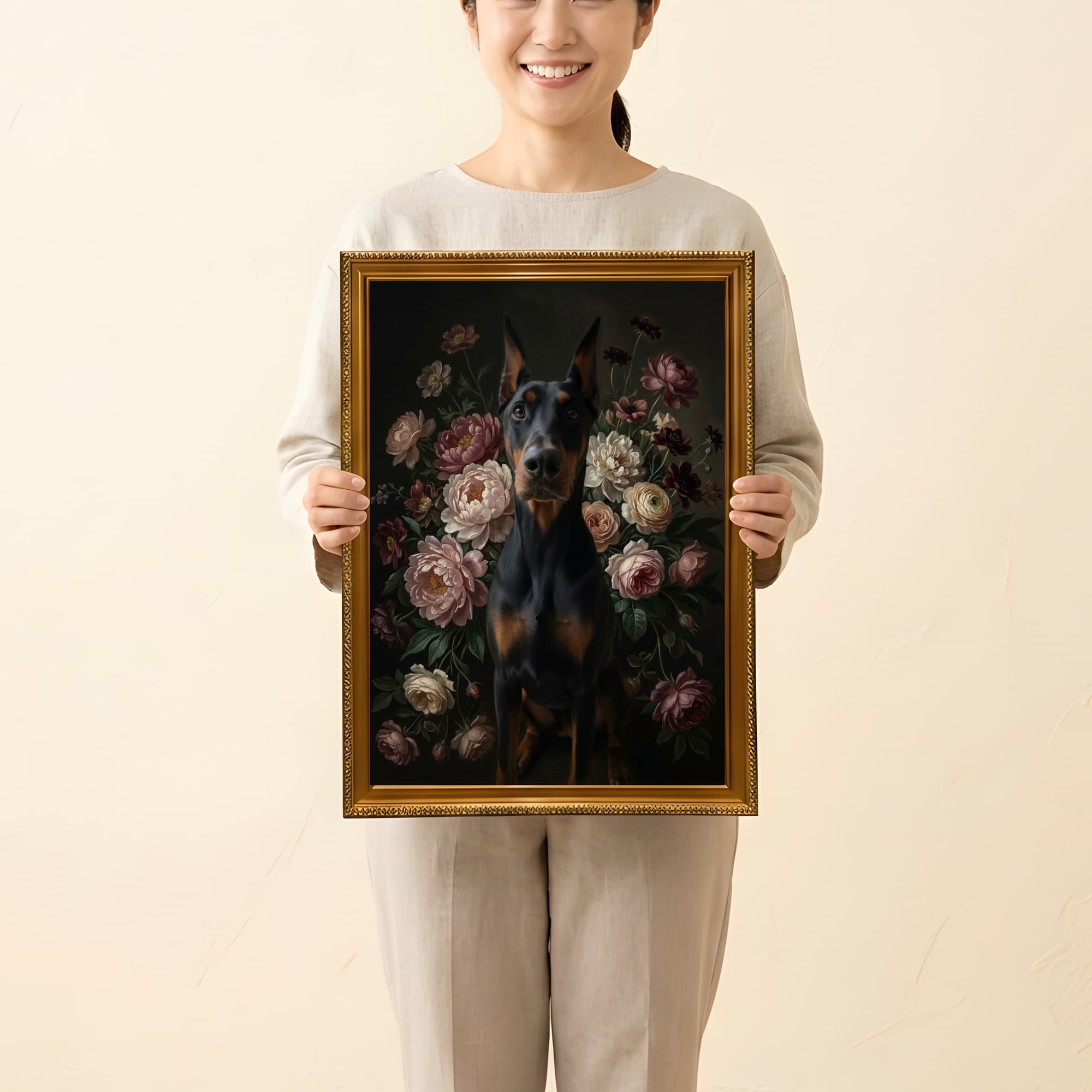 ドーベルマンの花の油絵風アート花柄額装プリント(A3サイズ) 2