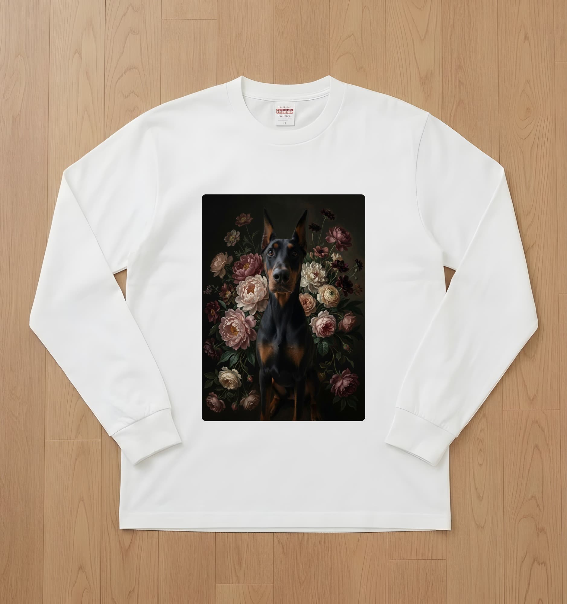 Doberman Floral Oil-Painting Floral Long Sleeve T-Shirt (White)