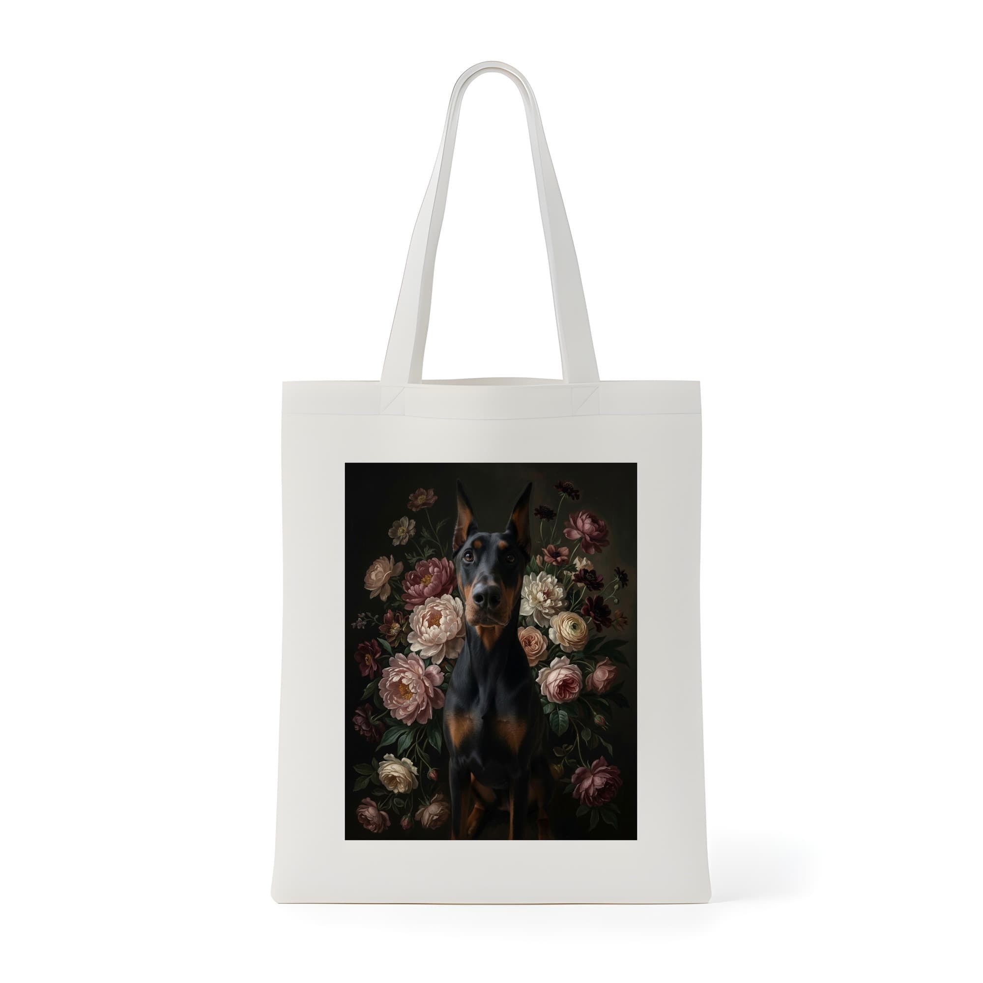 ドーベルマンの花の油絵風アート花柄トートバッグ