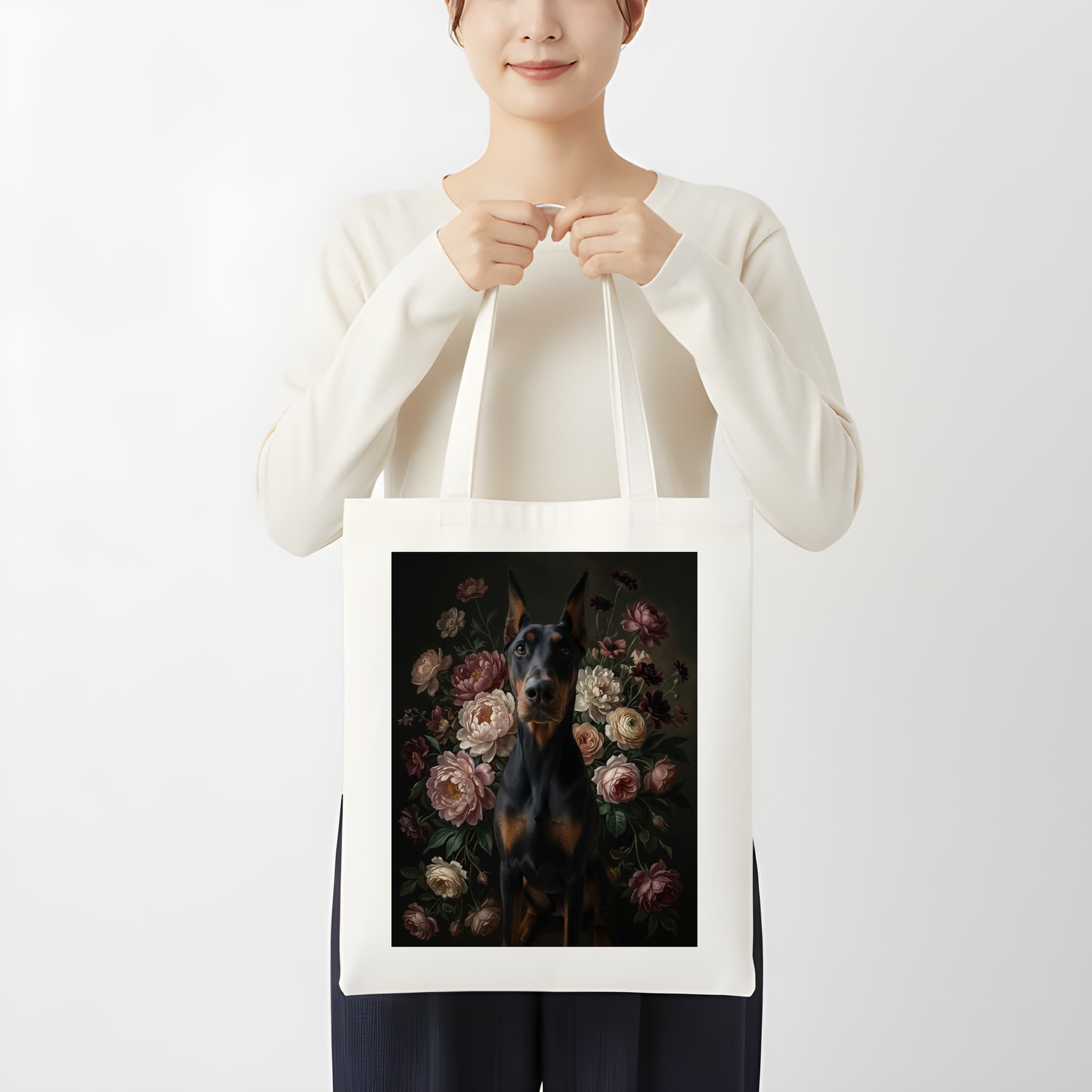 ドーベルマンの花の油絵風アート花柄トートバッグ 3