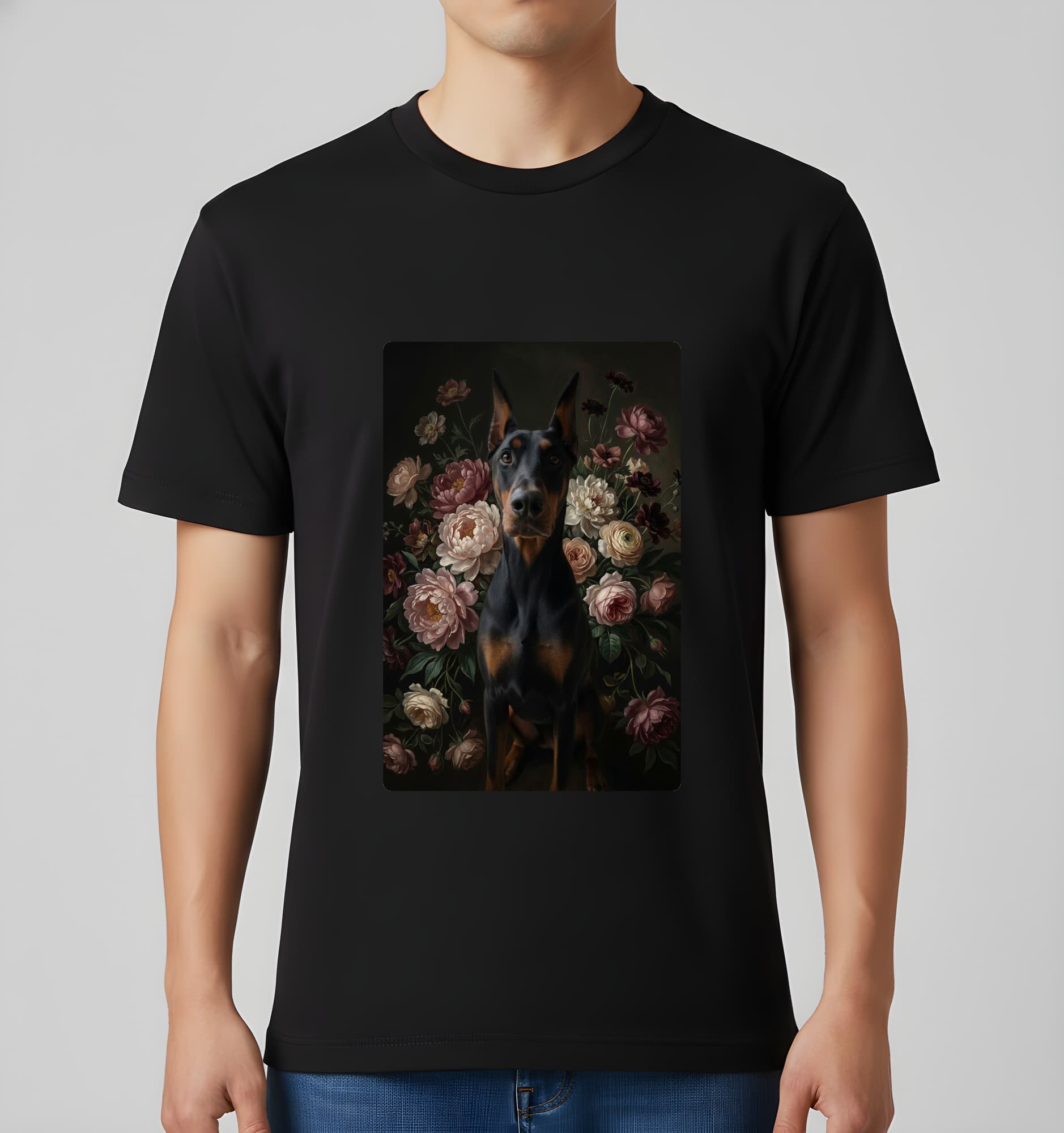 ドーベルマンの花の油絵風アート花柄Tシャツ(ブラック) 3