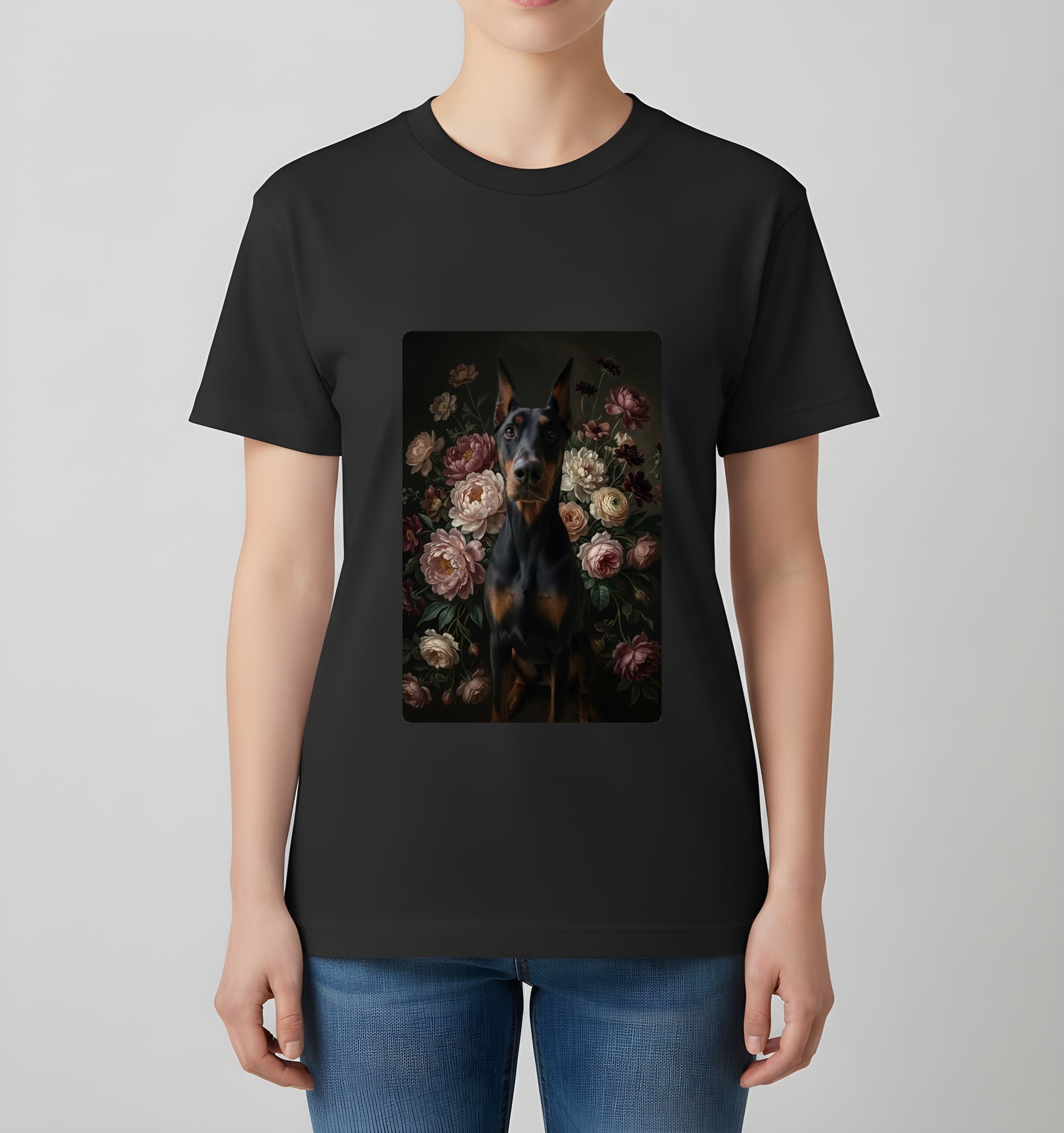 ドーベルマンの花の油絵風アート花柄Tシャツ(ブラック) 4