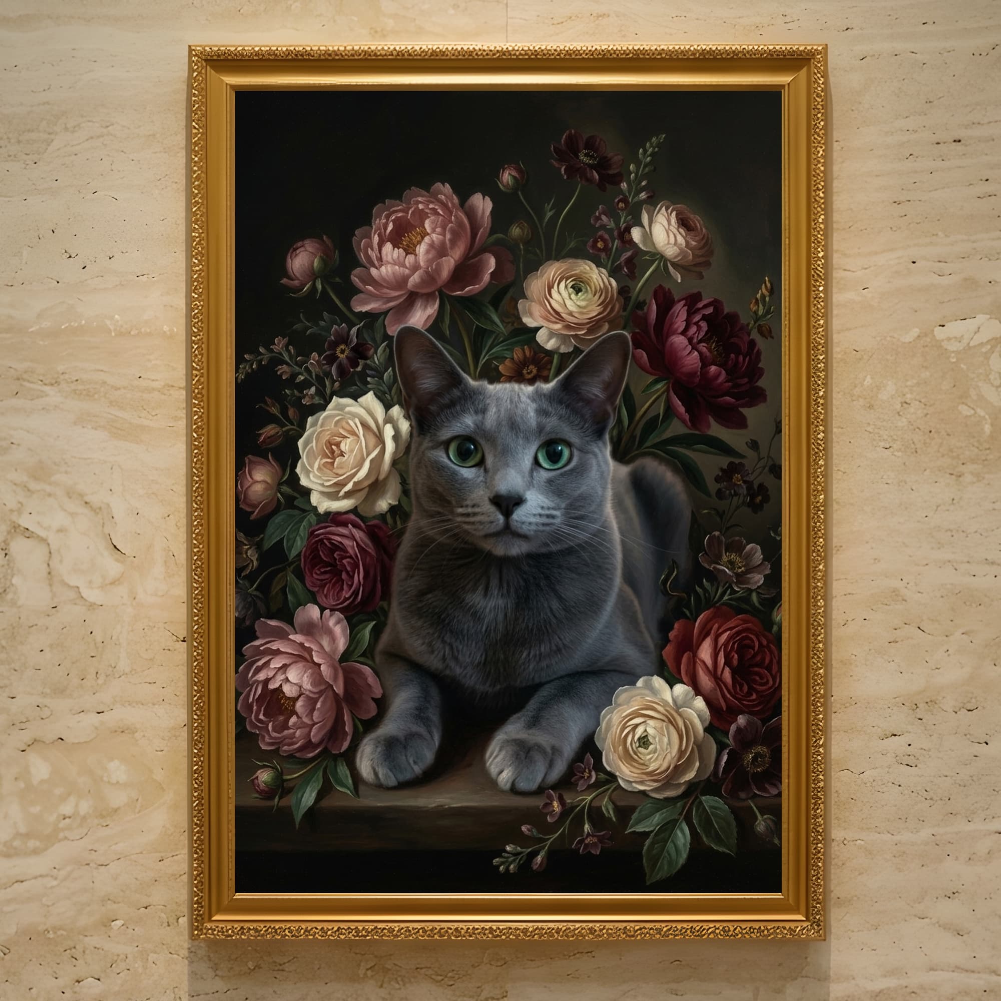 ロシアンブルーの花の油絵風アート花柄額装プリント(A3サイズ)