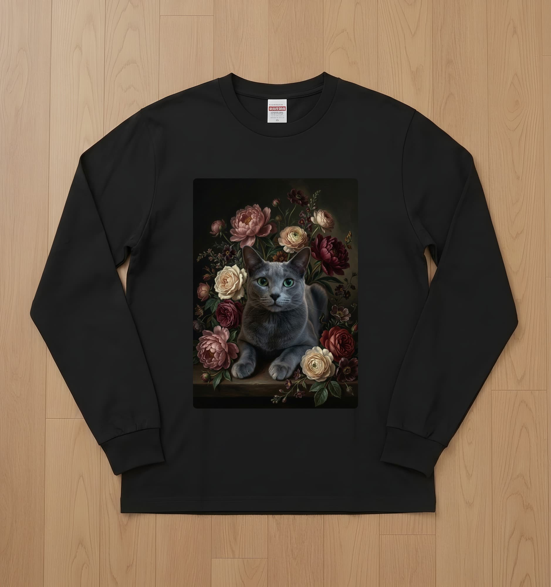 Russian Blue Floral Oil-Painting Floral Long Sleeve T-Shirt (Black)