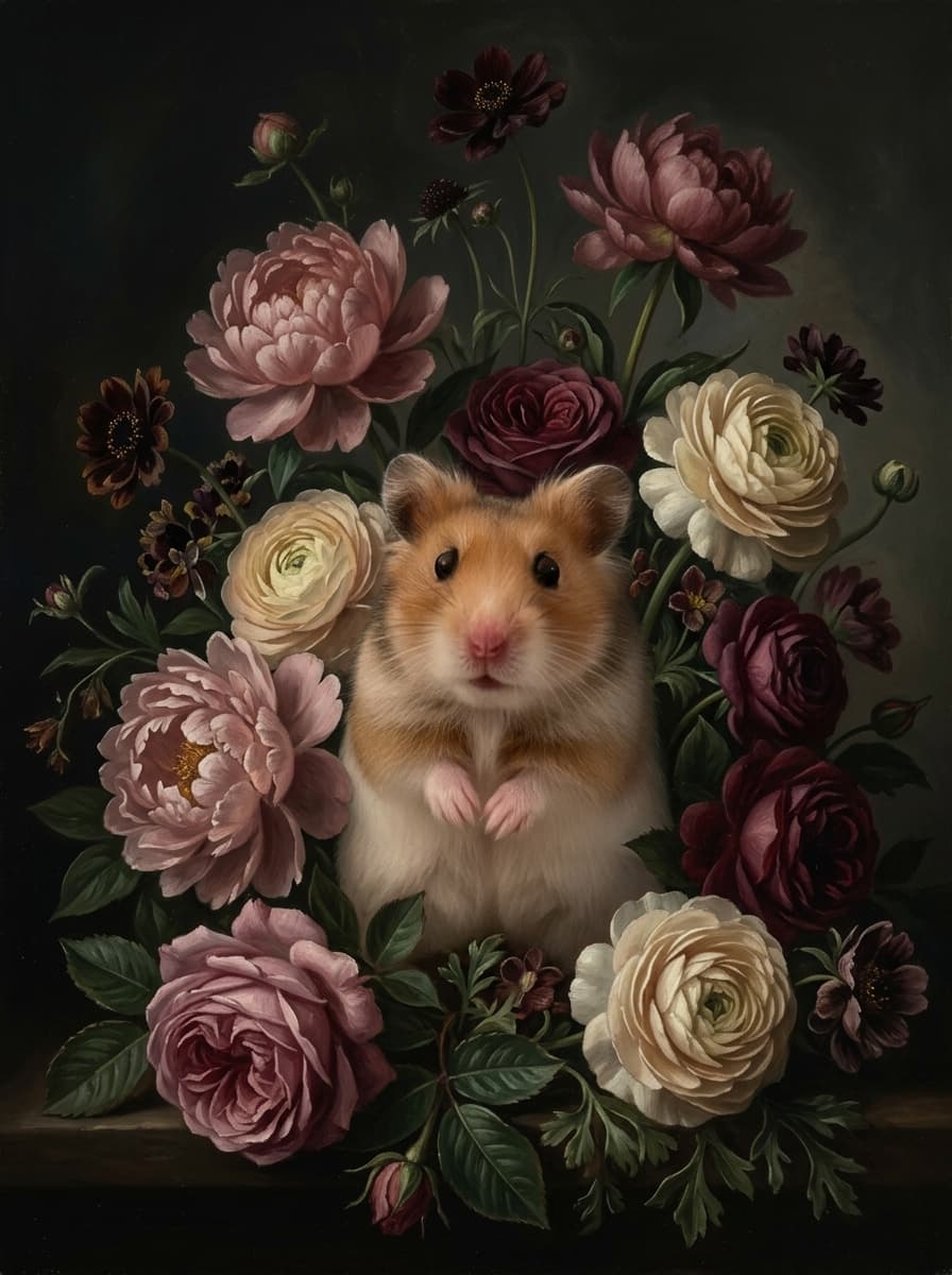 Fancy hamster Floral Oil-Painting Floral Framed Art Print (A4) 4