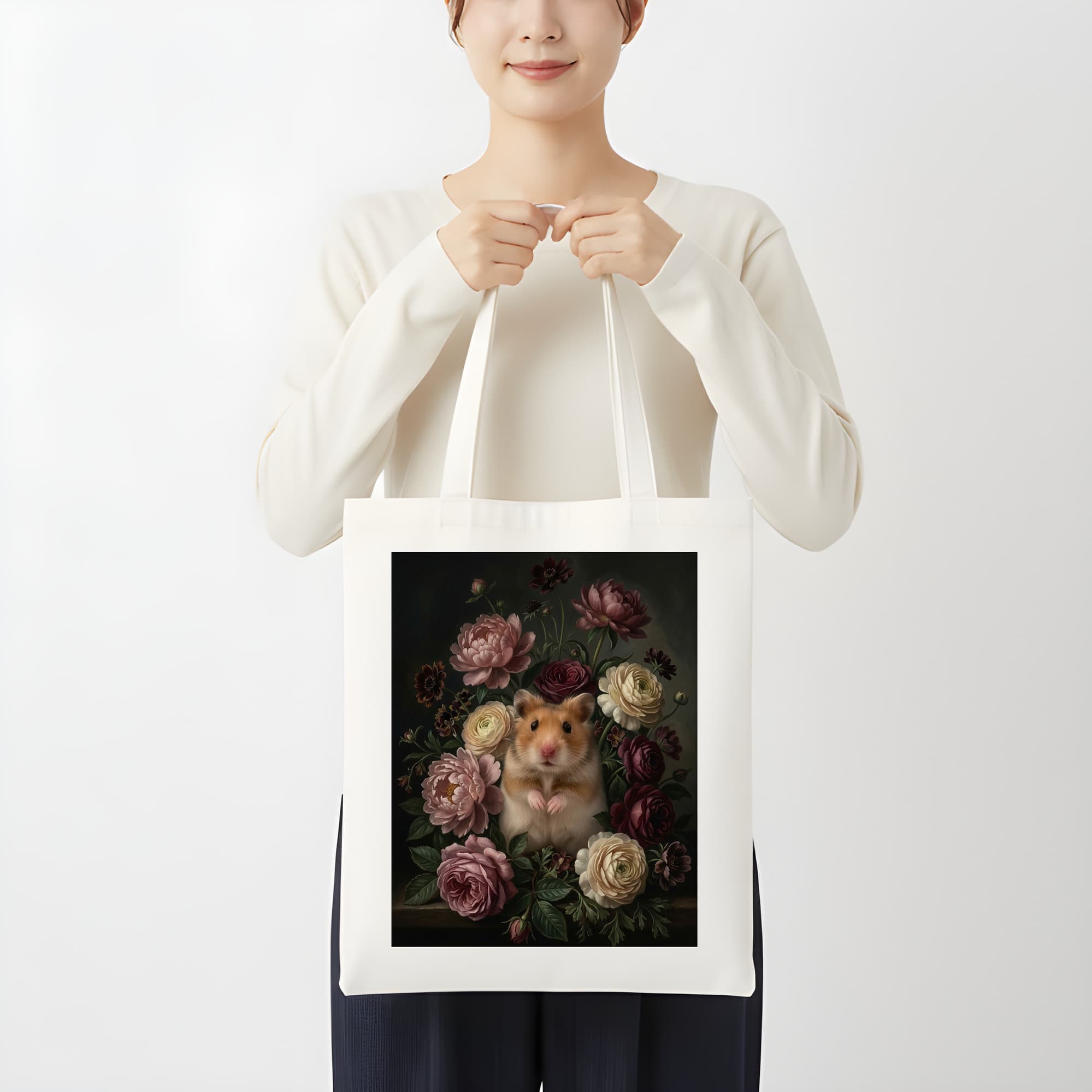 ファンシーハムスターの花の油絵風アート花柄トートバッグ 3