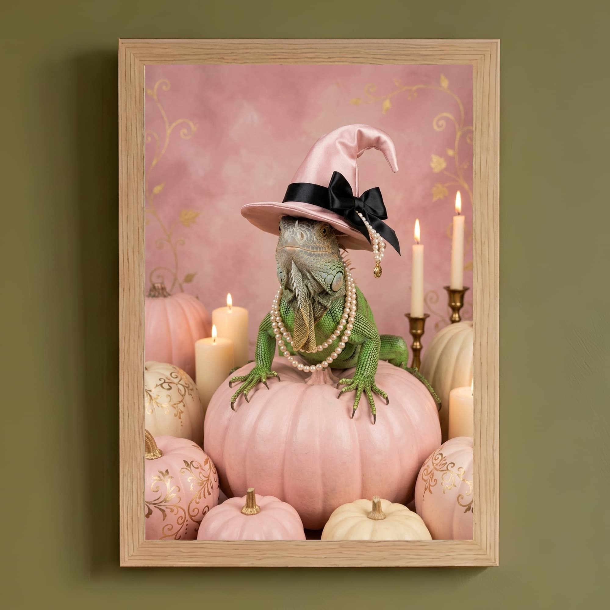 グリーンイグアナのかぼちゃとキャンドルの油絵風アートハロウィン額装プリント(A4サイズ)