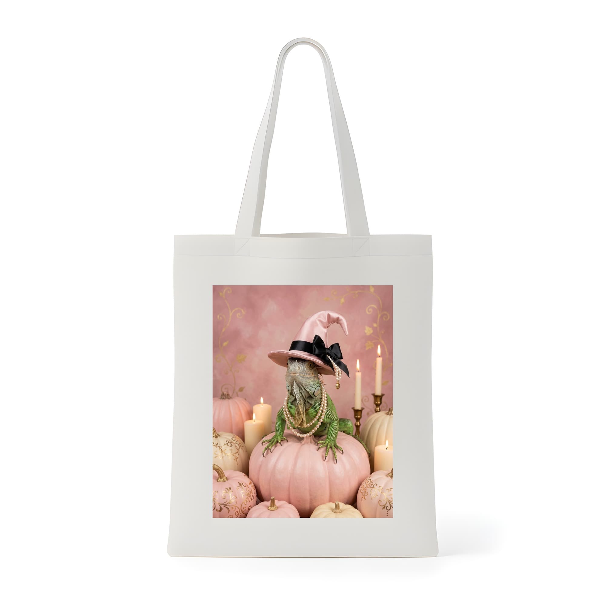 Green Iguana Pumpkin & Candlelight Oil-Painting Halloween Tote Bag