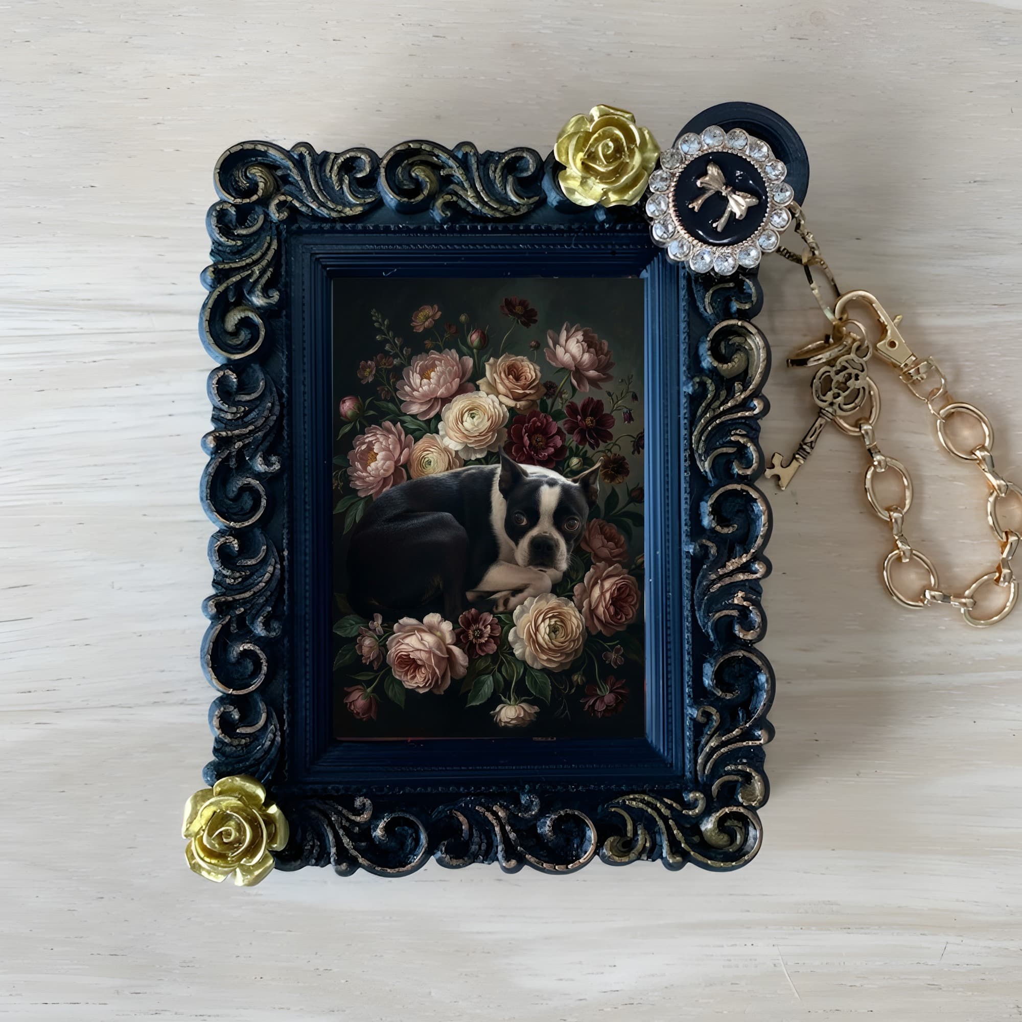 Boston terrier Floral Oil-Painting Floral Bag Charm (Black)