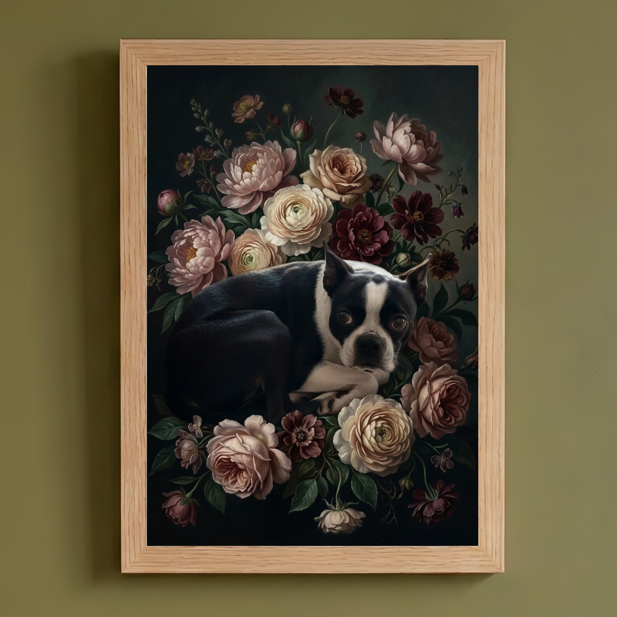 ボストンテリアの花の油絵風アート花柄額装プリント(A4サイズ)