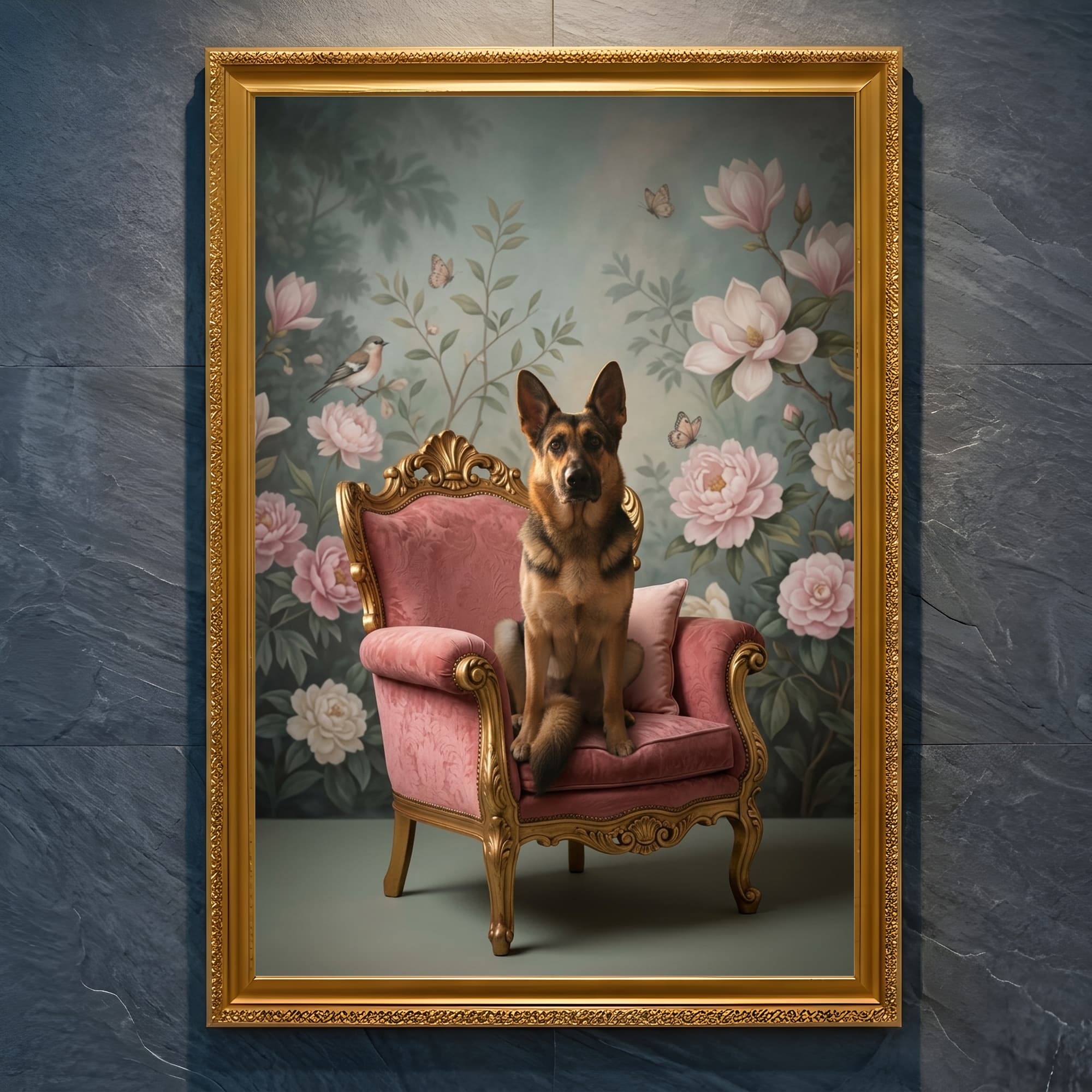 German shepherd Shabby Pink Oil-Painting Rococo Framed Art Print (A4 Gold)