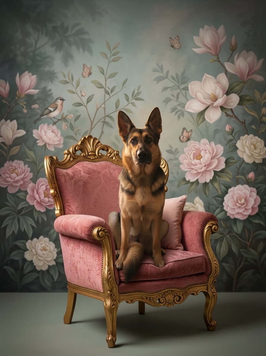 German shepherd Shabby Pink Oil-Painting Rococo Framed Art Print (A4 Gold) 4