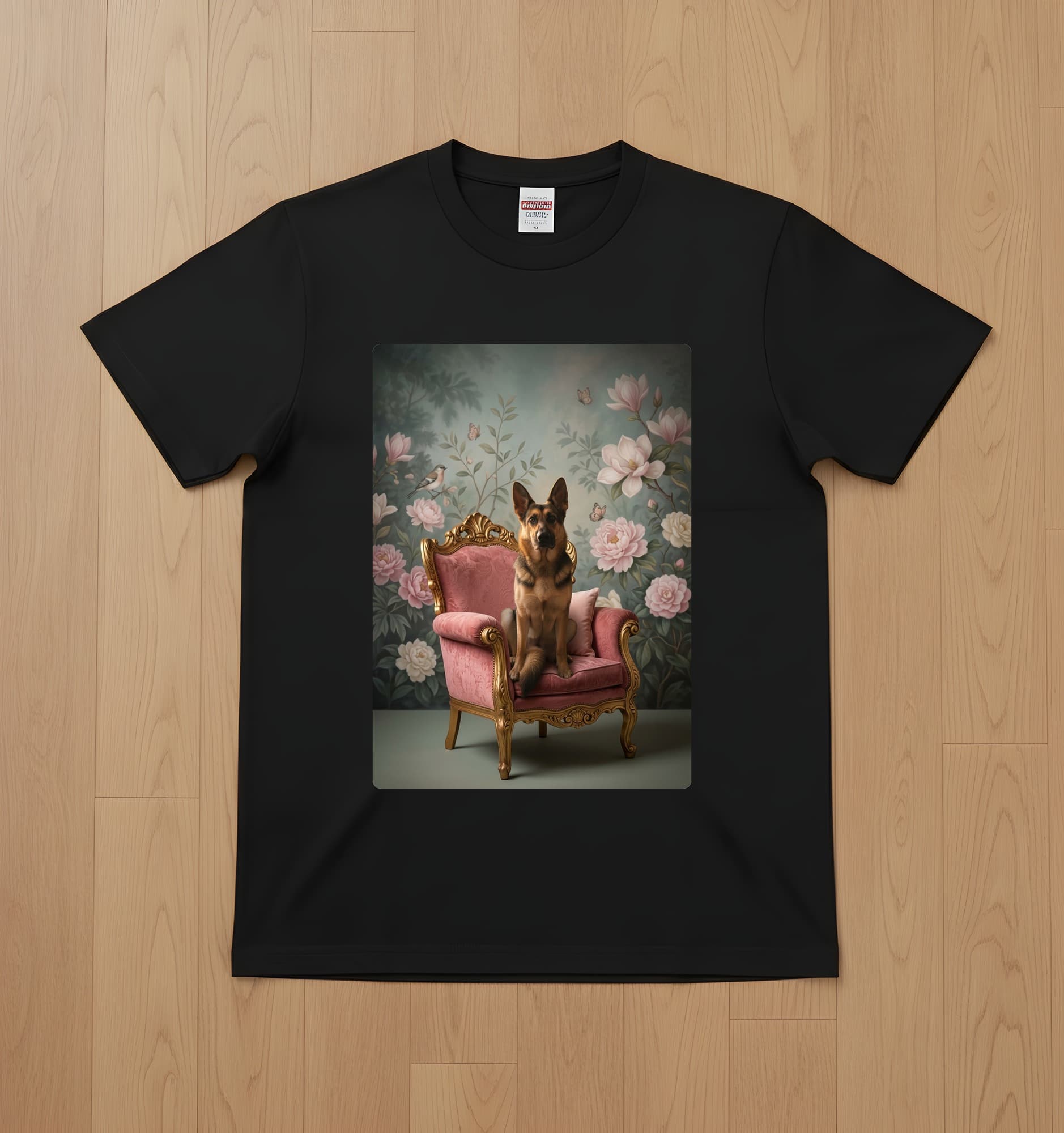 ジャーマンシェパードのシャビーピンクの油絵風アートロココ調Tシャツ(ブラック)