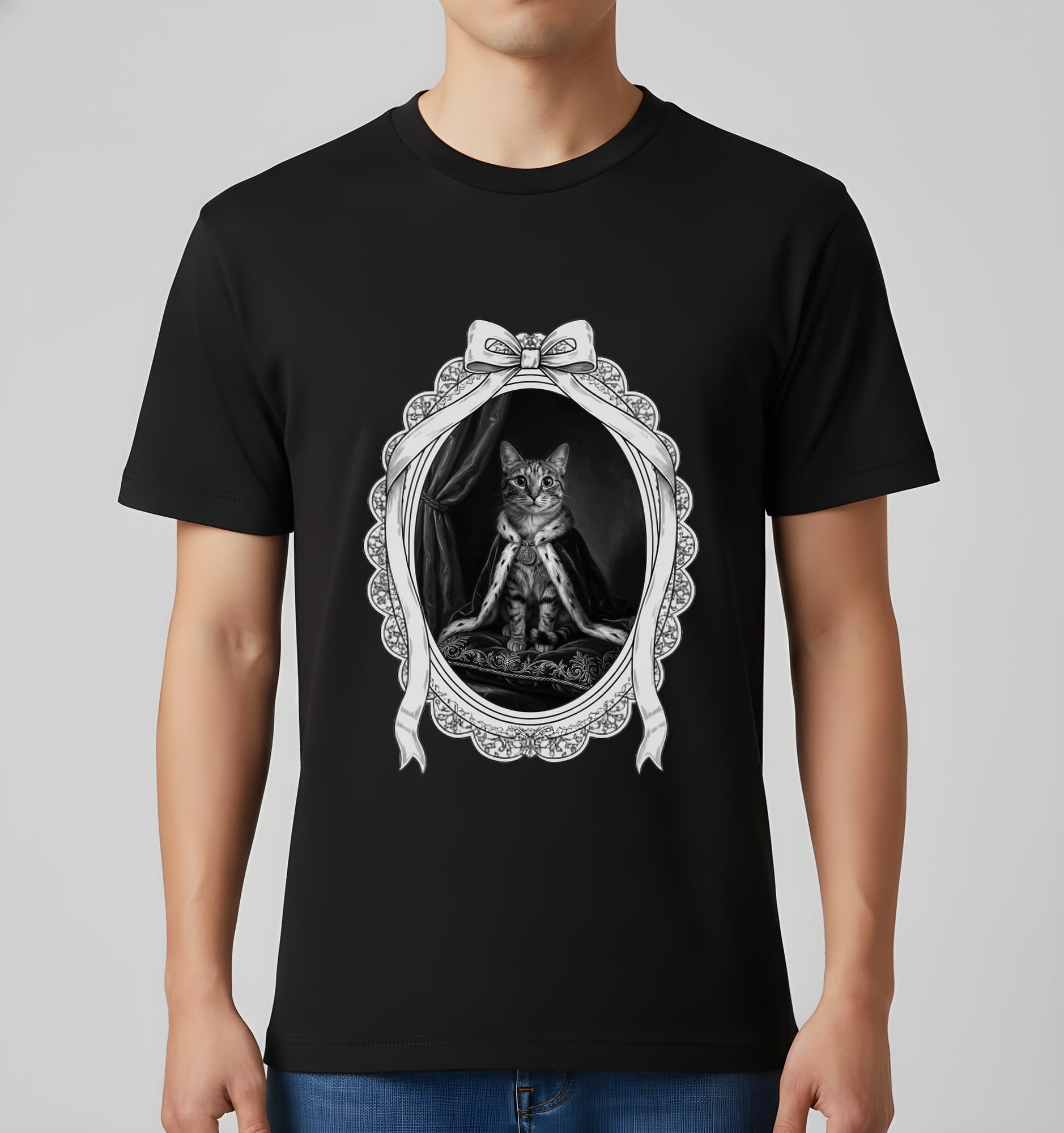 猫のルネサンス肖像画Tシャツ(ブラック・モノクロプリント・額縁デザインあり) 2