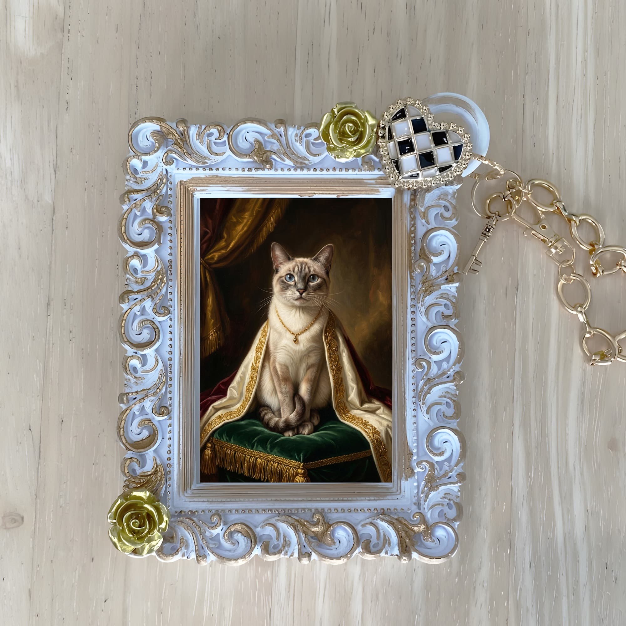 シャム猫のルネサンス肖像画バッグチャーム(ホワイト)