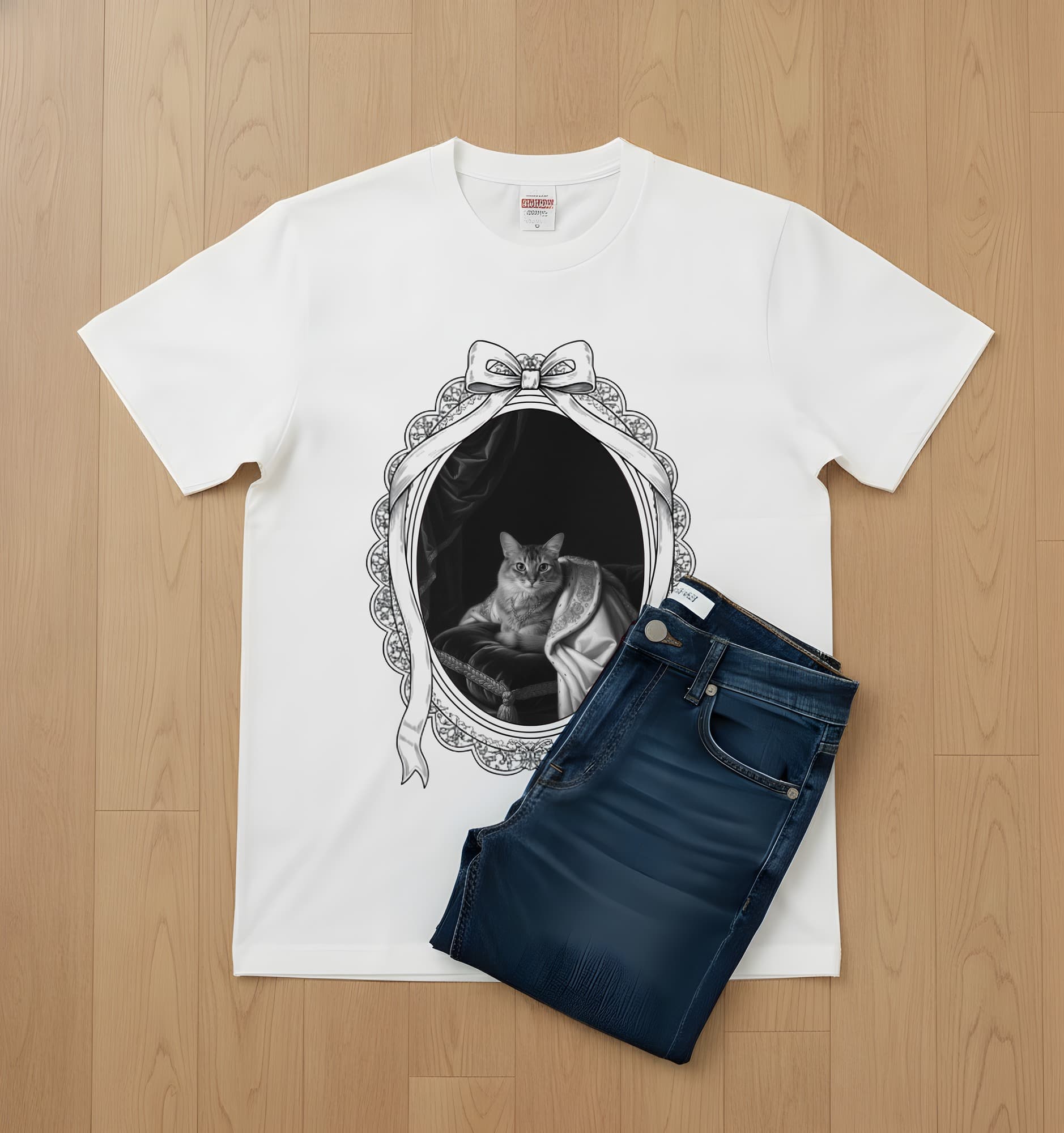 ソマリのルネサンス肖像画Tシャツ(ホワイト・モノクロプリント・額縁デザインあり) 2