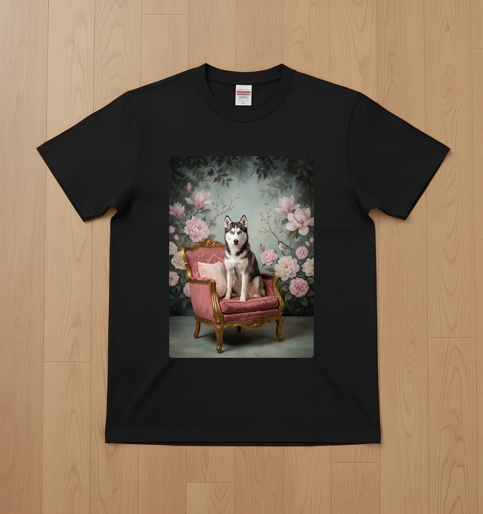 Siberian husky Shabby Pink Oil-Painting Rococo T-Shirt (Black)