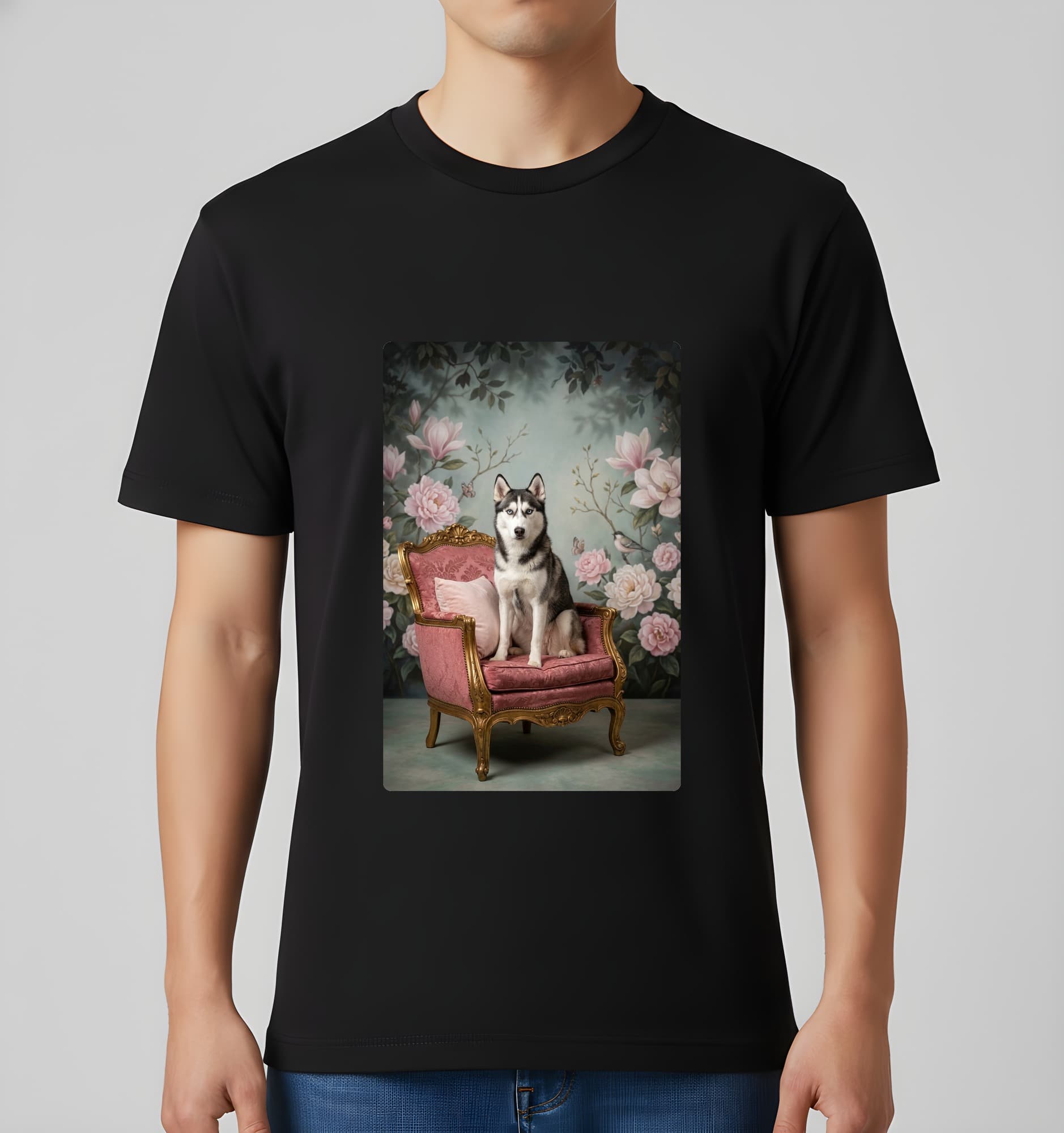 Siberian husky Shabby Pink Oil-Painting Rococo T-Shirt (Black) 3