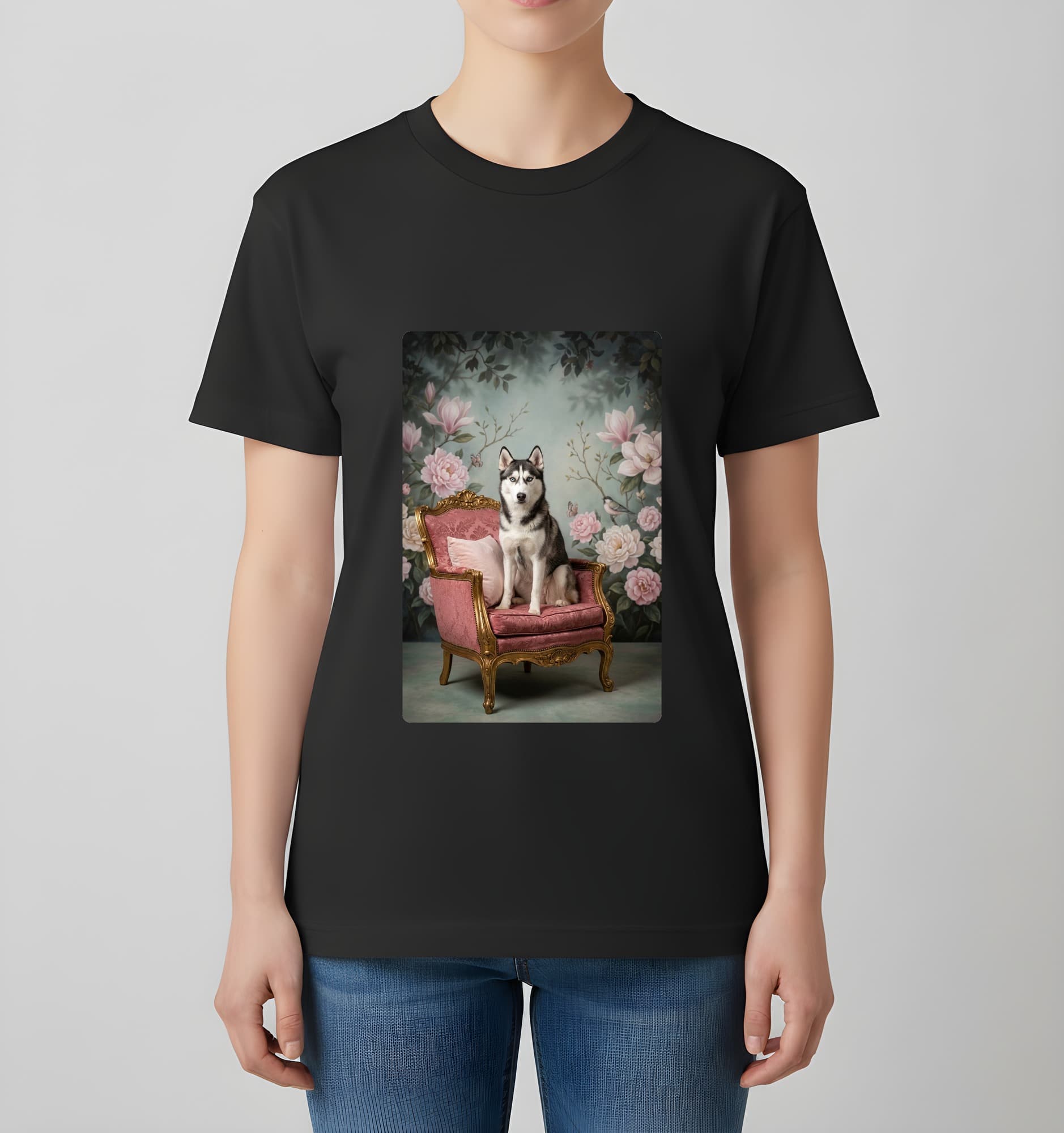 Siberian husky Shabby Pink Oil-Painting Rococo T-Shirt (Black) 4