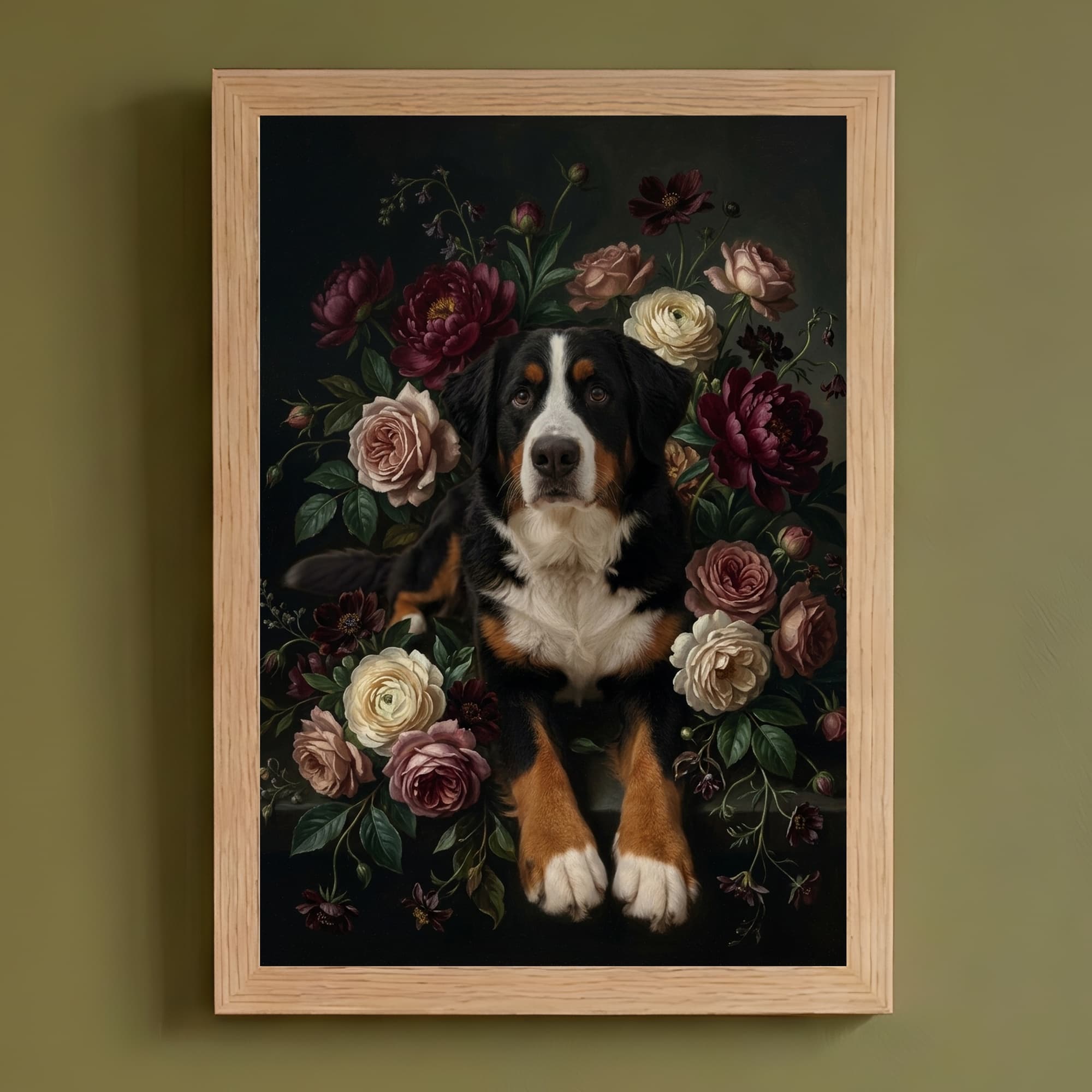 バーニーズマウンテンドッグの花の油絵風アート花柄額装プリント(A4サイズ)