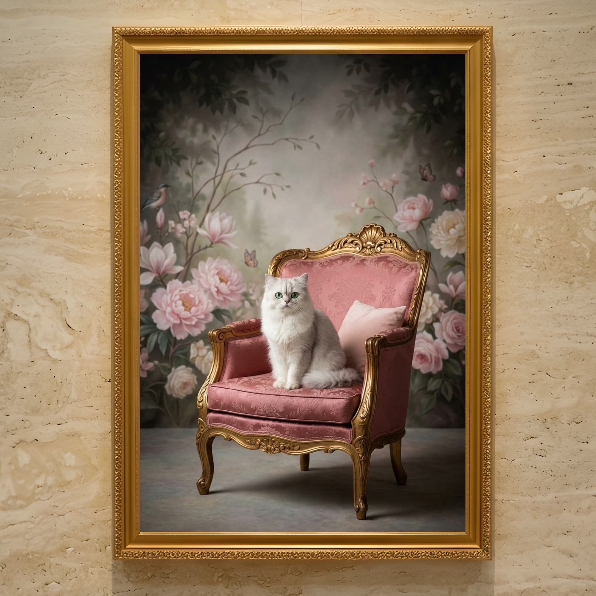 チンチラペルシャのシャビーピンクの油絵風アートロココ調額装プリント(A3サイズ)