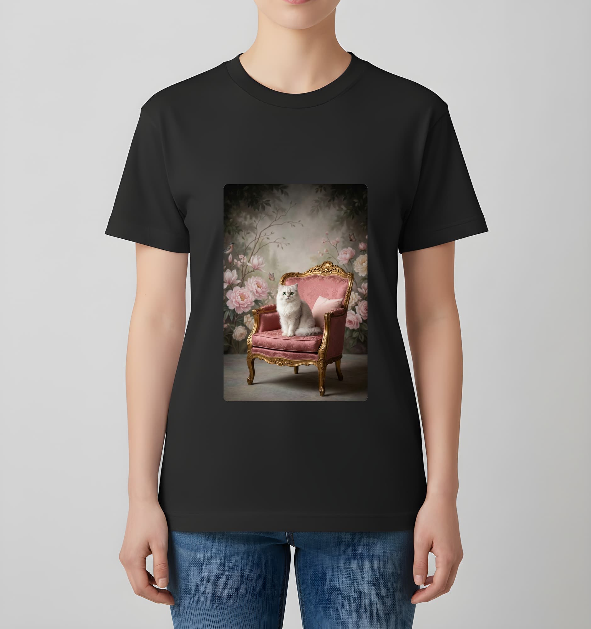 チンチラペルシャのシャビーピンクの油絵風アートロココ調Tシャツ(ブラック) 4