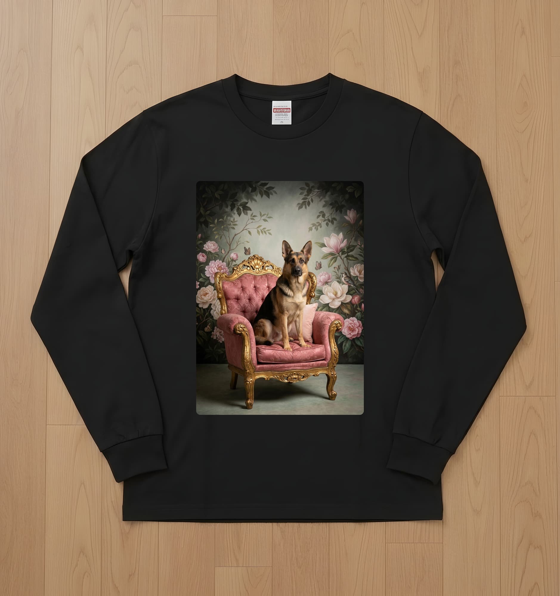 German shepherd Shabby Pink Oil-Painting Rococo Long Sleeve T-Shirt (Black)