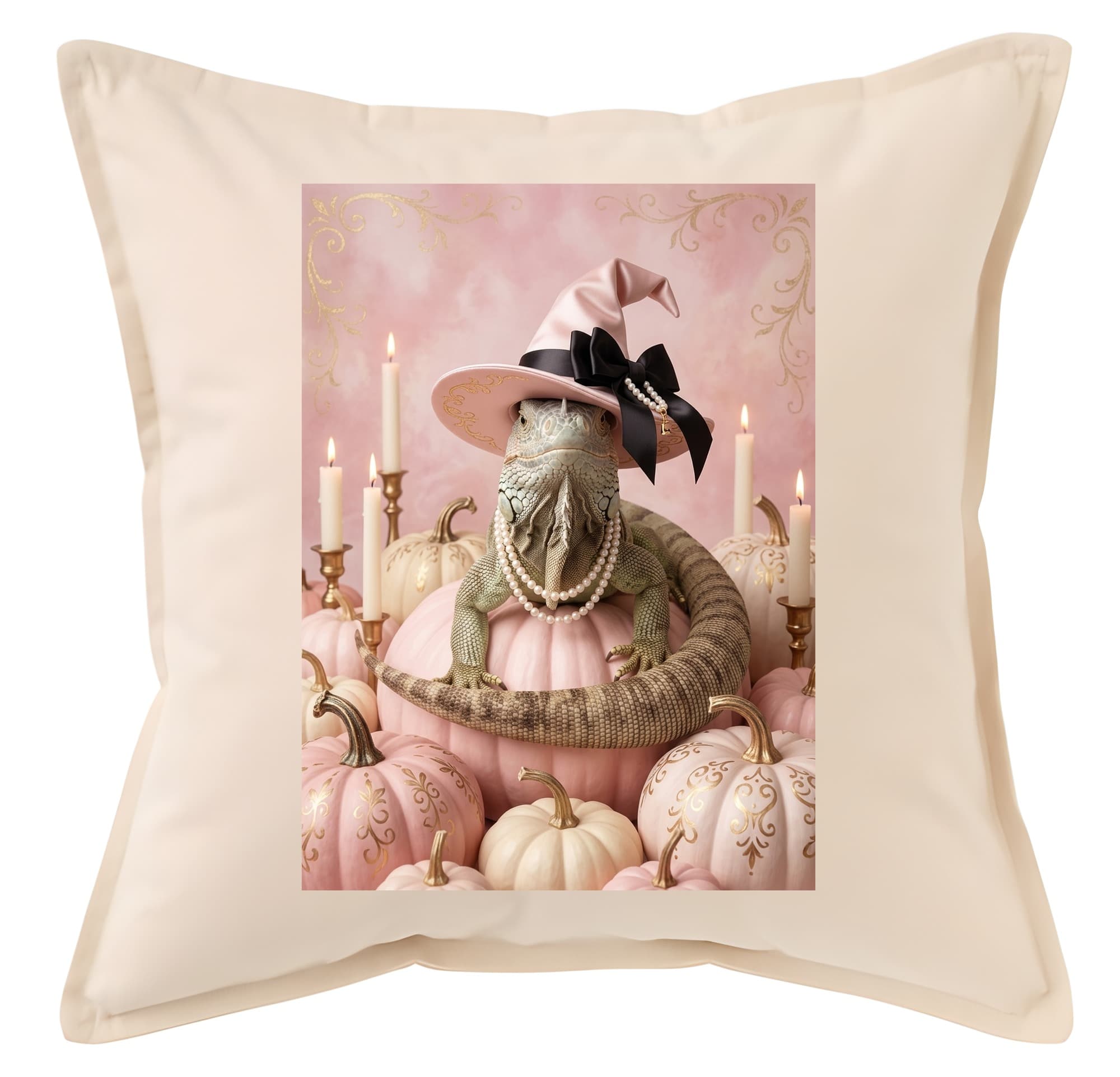 Rhinoceros Iguana Pumpkin & Candlelight Oil-Painting Halloween Cushion