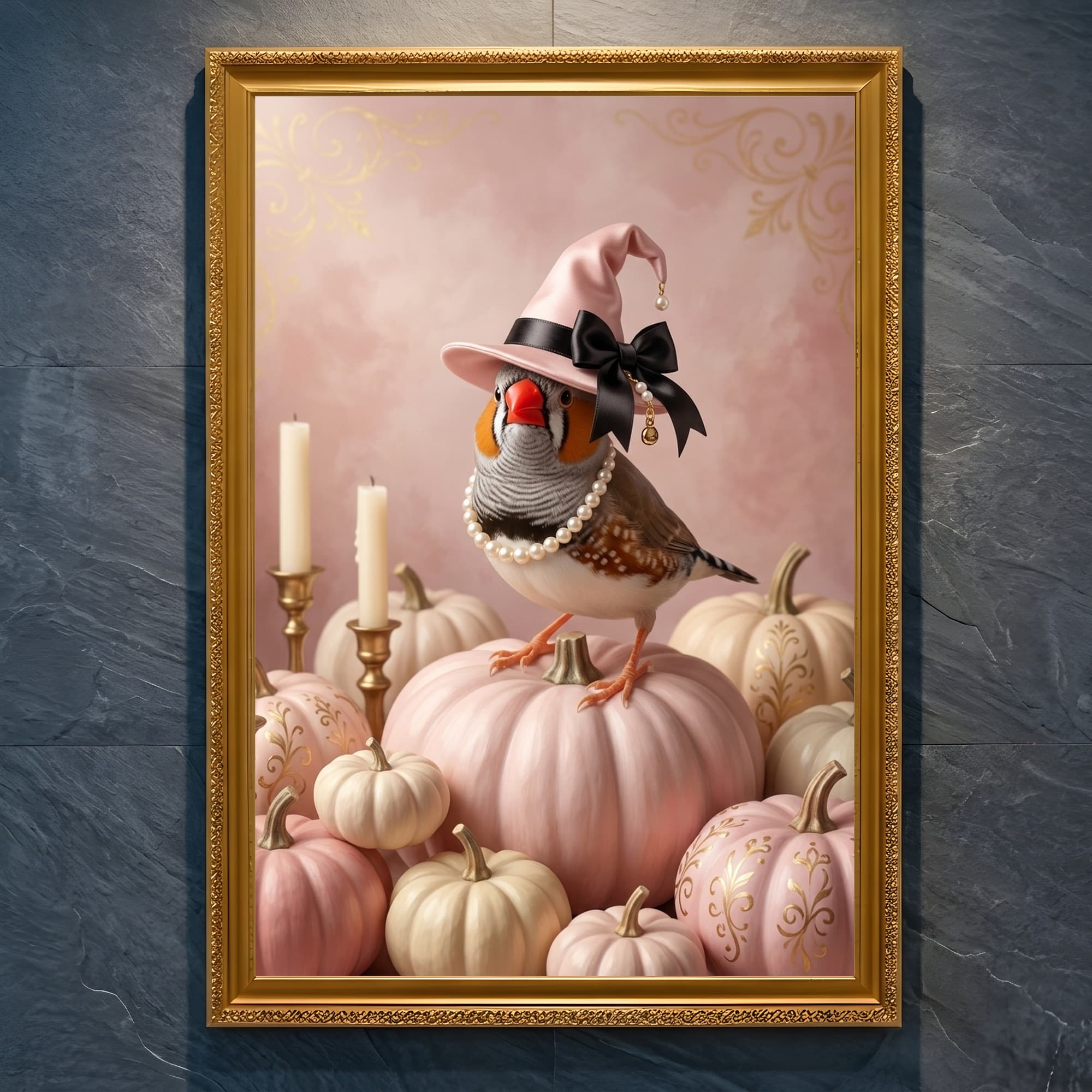 Zebra finch Pumpkin & Candlelight Oil-Painting Halloween Framed Art Print (A4 Gold)