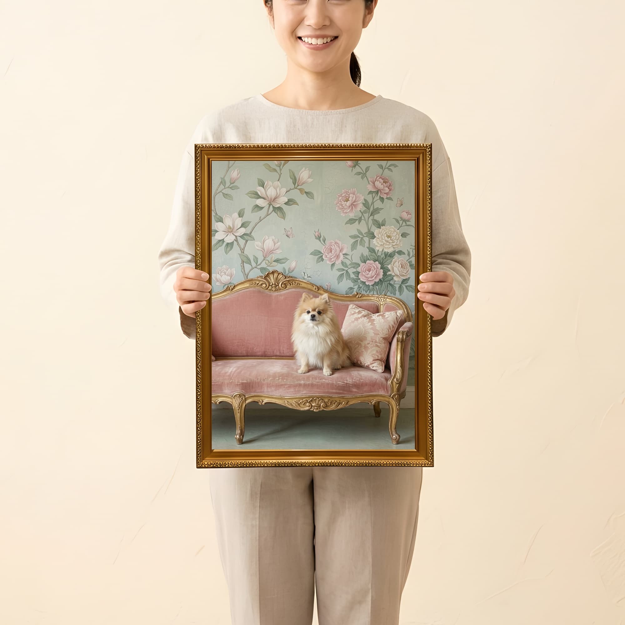 ポメラニアンのシャビーピンクの油絵風アートロココ調額装プリント(A3サイズ) 2