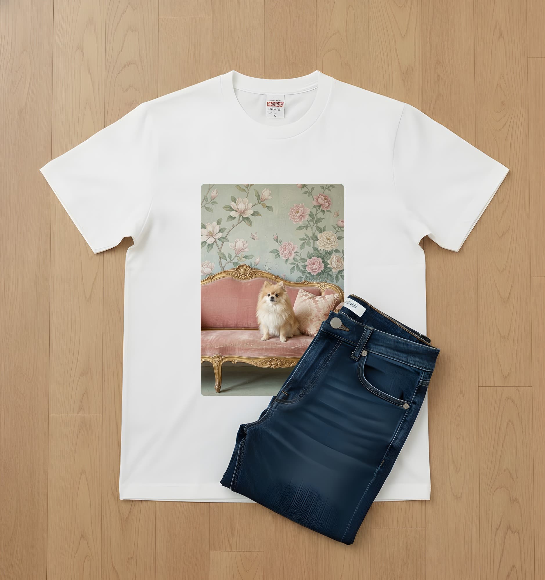 ポメラニアンのシャビーピンクの油絵風アートロココ調Tシャツ(ホワイト) 2