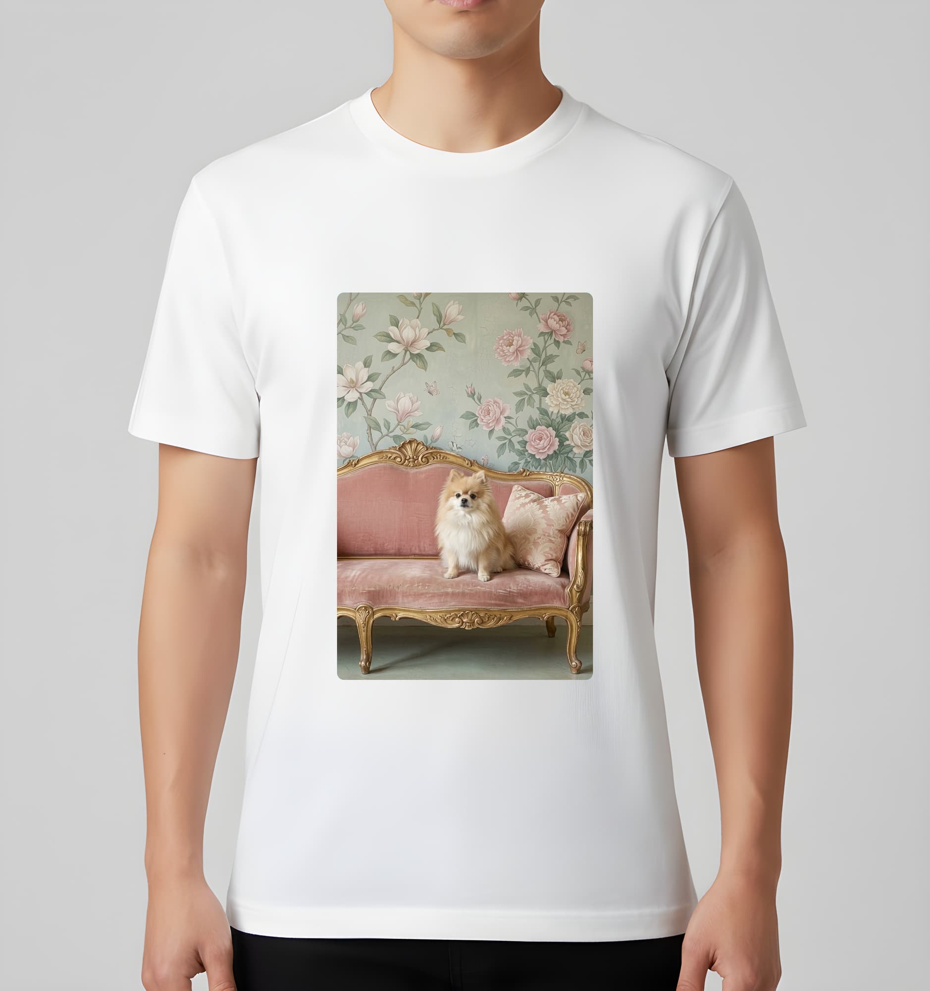 ポメラニアンのシャビーピンクの油絵風アートロココ調Tシャツ(ホワイト) 3