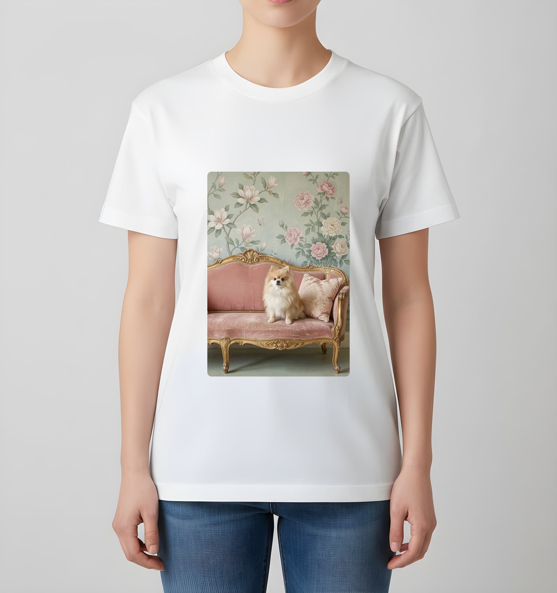 ポメラニアンのシャビーピンクの油絵風アートロココ調Tシャツ(ホワイト) 4