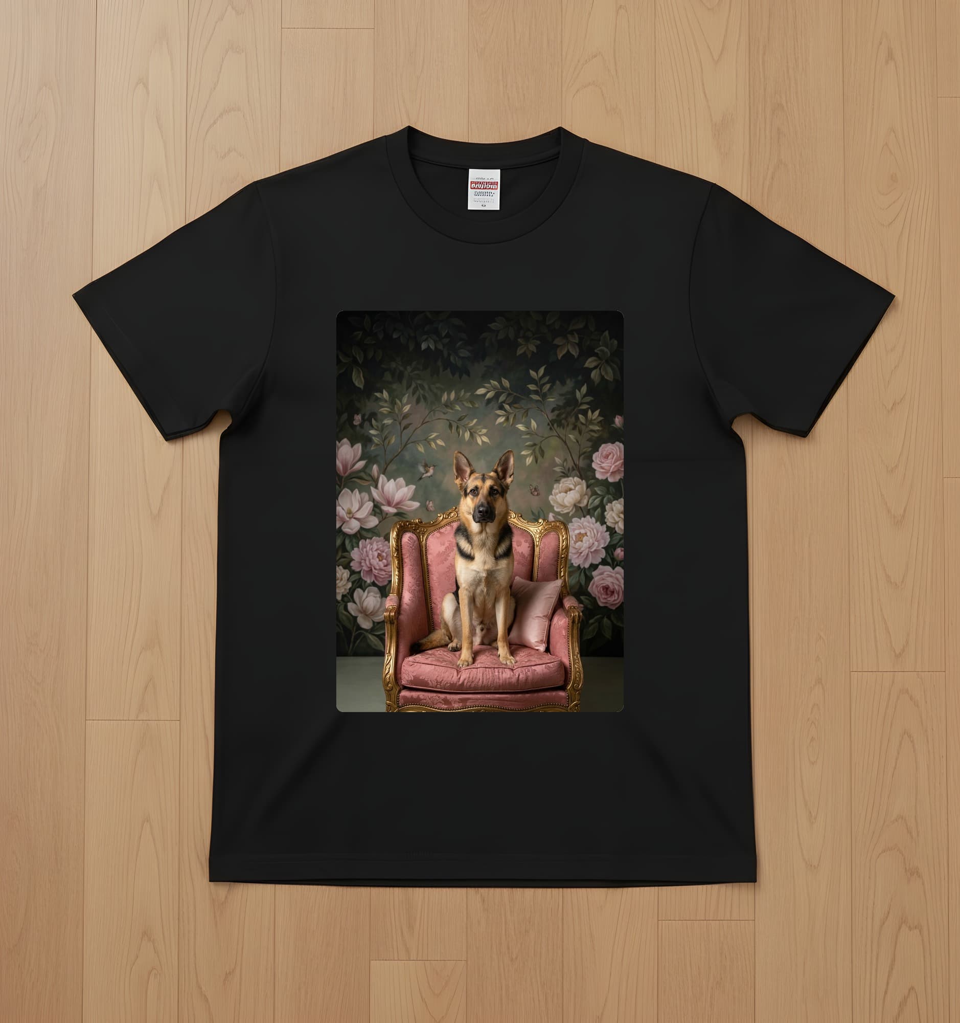 ジャーマンシェパードのシャビーピンクの油絵風アートロココ調Tシャツ(ブラック)