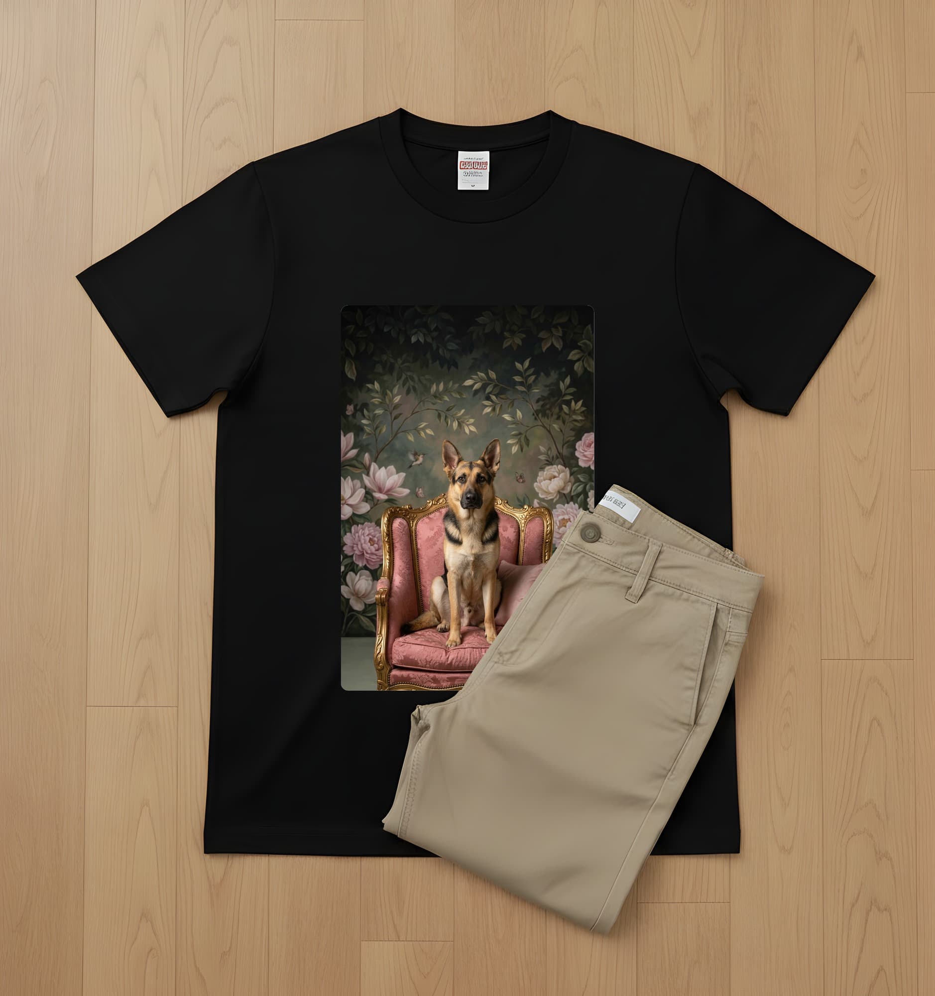ジャーマンシェパードのシャビーピンクの油絵風アートロココ調Tシャツ(ブラック) 2