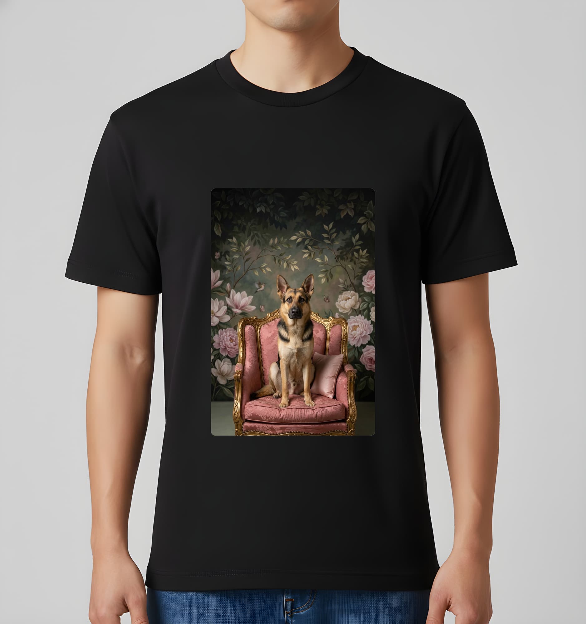 ジャーマンシェパードのシャビーピンクの油絵風アートロココ調Tシャツ(ブラック) 3