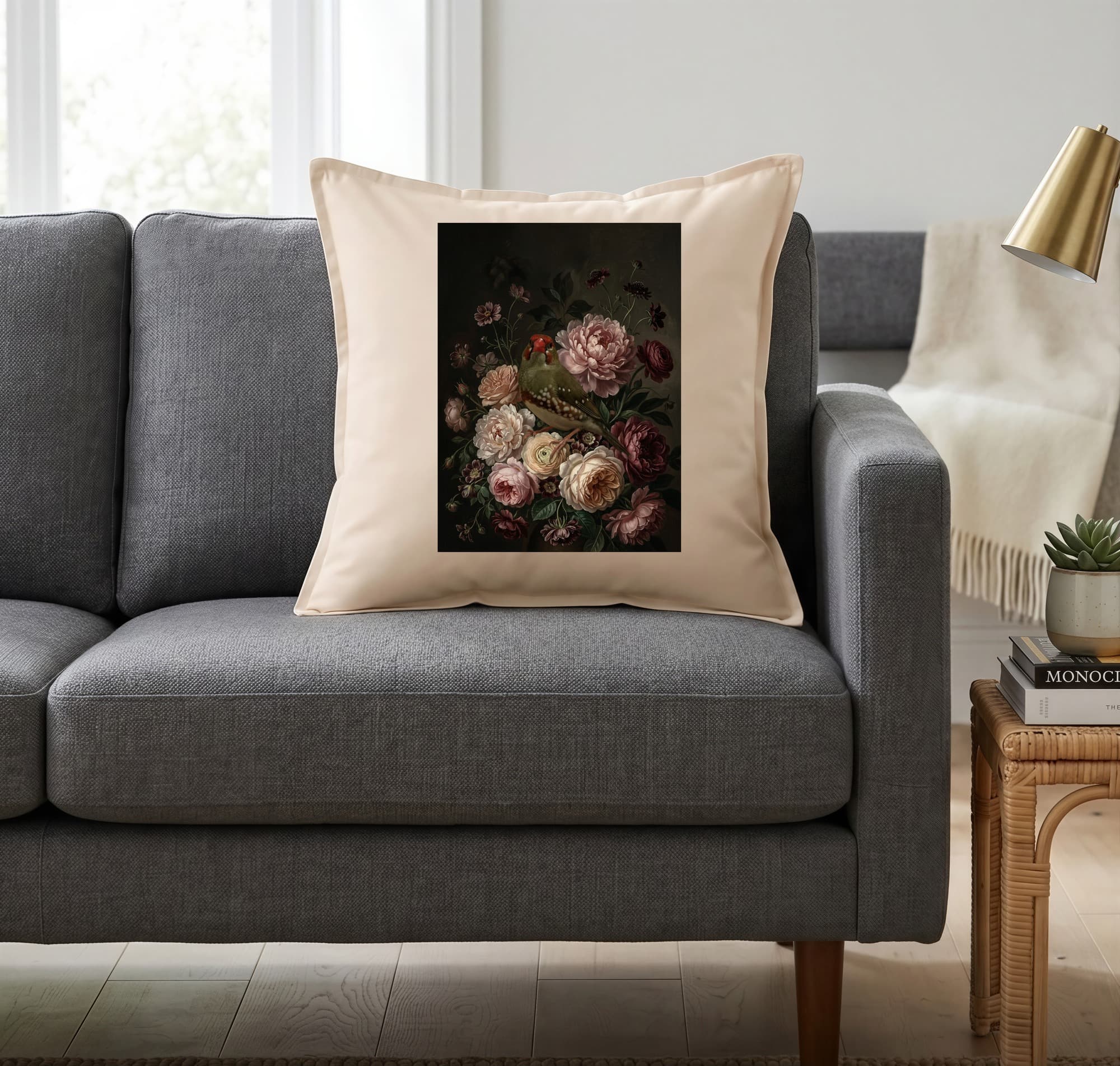 アサヒスズメの花の油絵風アート花柄クッション 2