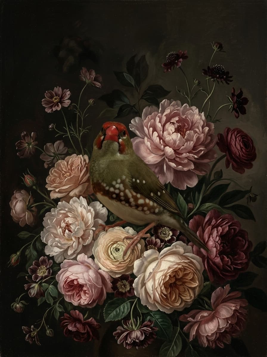 Star finch Floral Oil-Painting Floral Framed Art Print (A3) 4