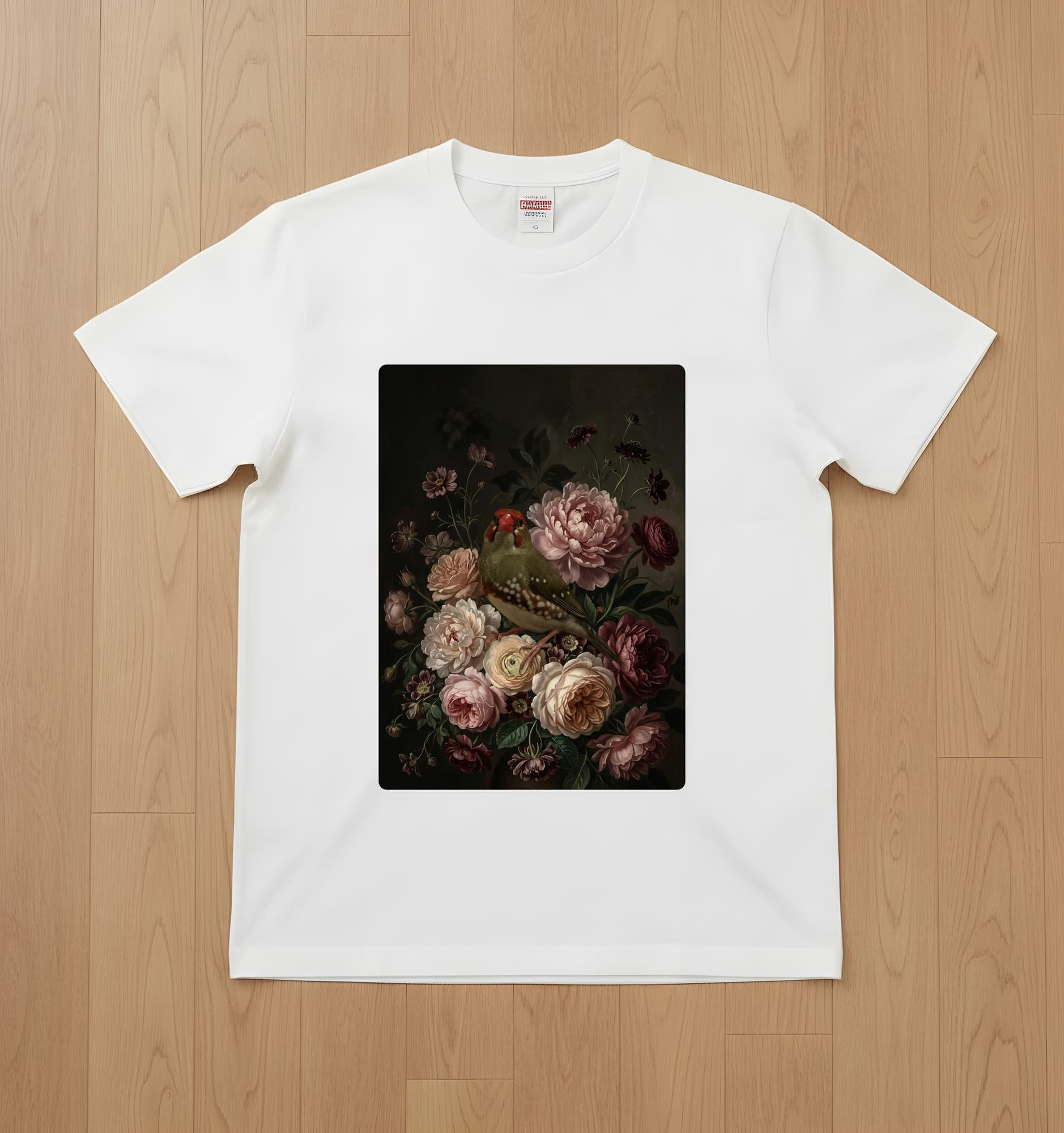 アサヒスズメの花の油絵風アート花柄Tシャツ(ホワイト)