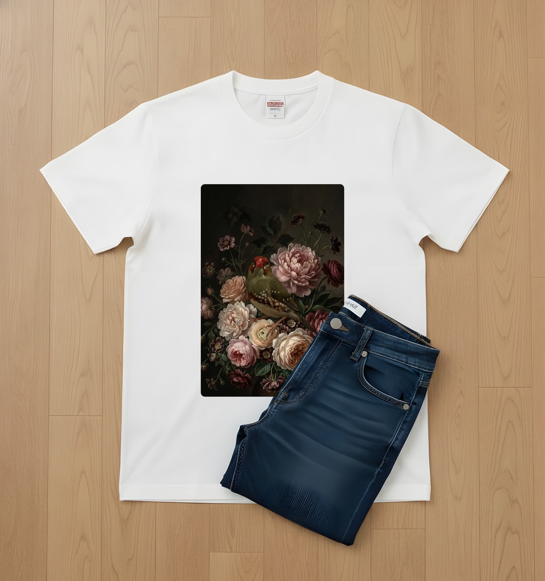 Star finch Floral Oil-Painting Floral T-Shirt (White) 2