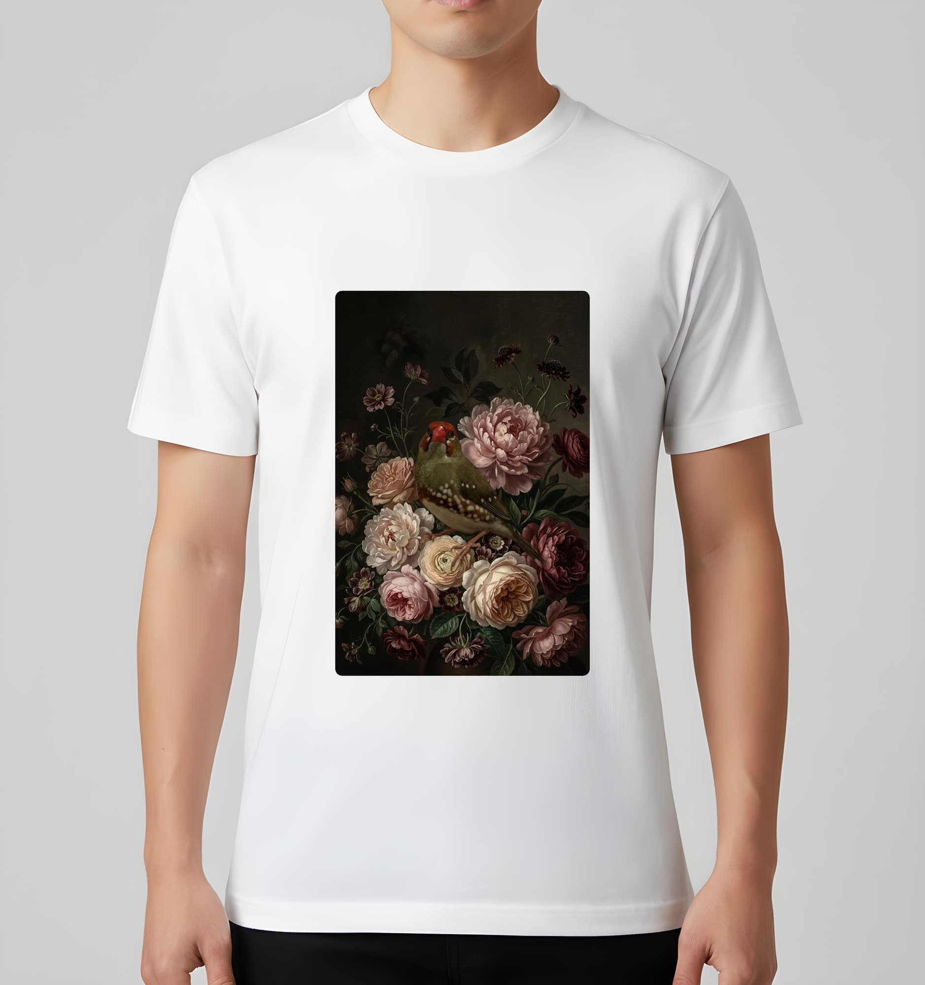 Star finch Floral Oil-Painting Floral T-Shirt (White) 3