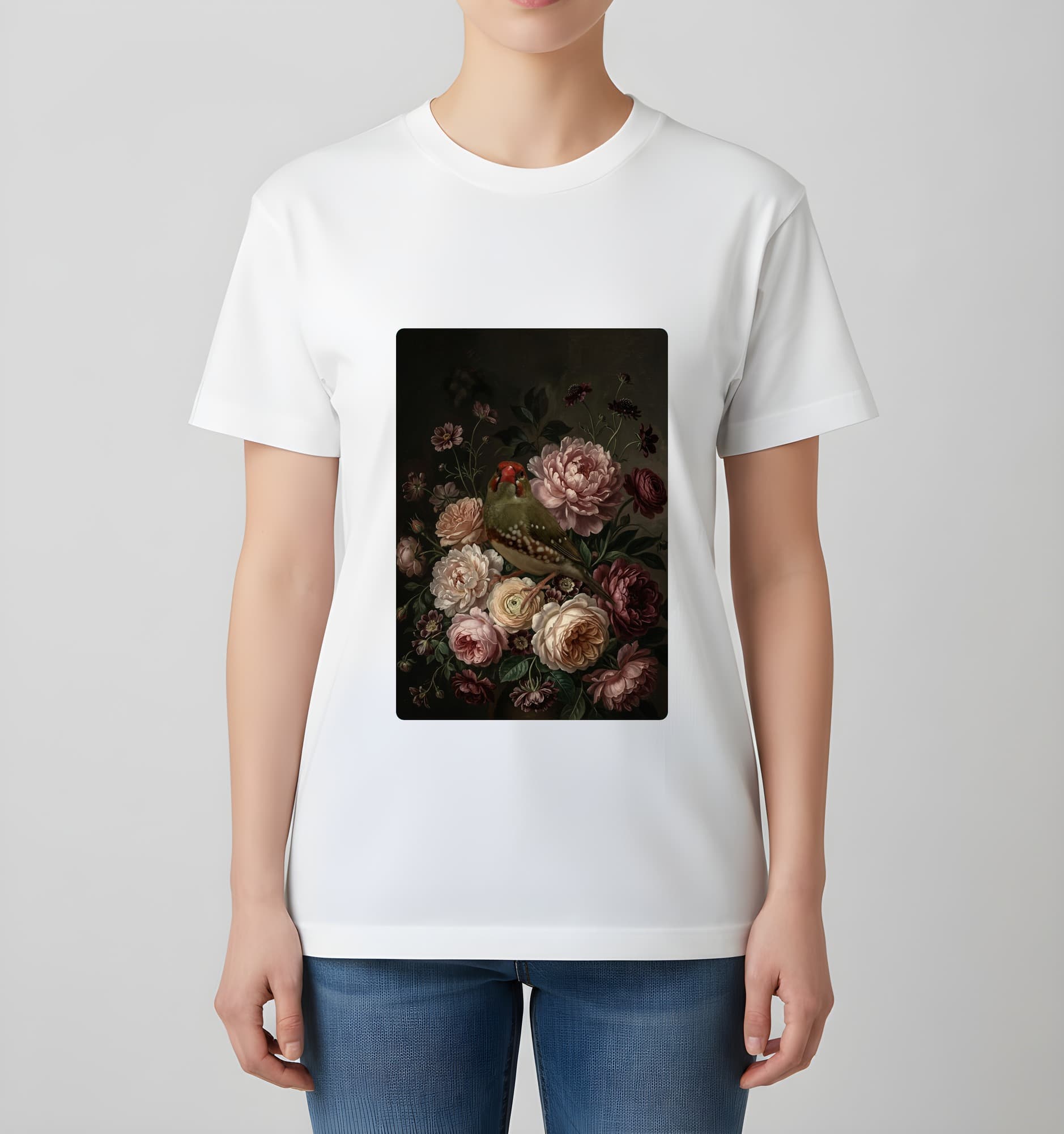Star finch Floral Oil-Painting Floral T-Shirt (White) 4