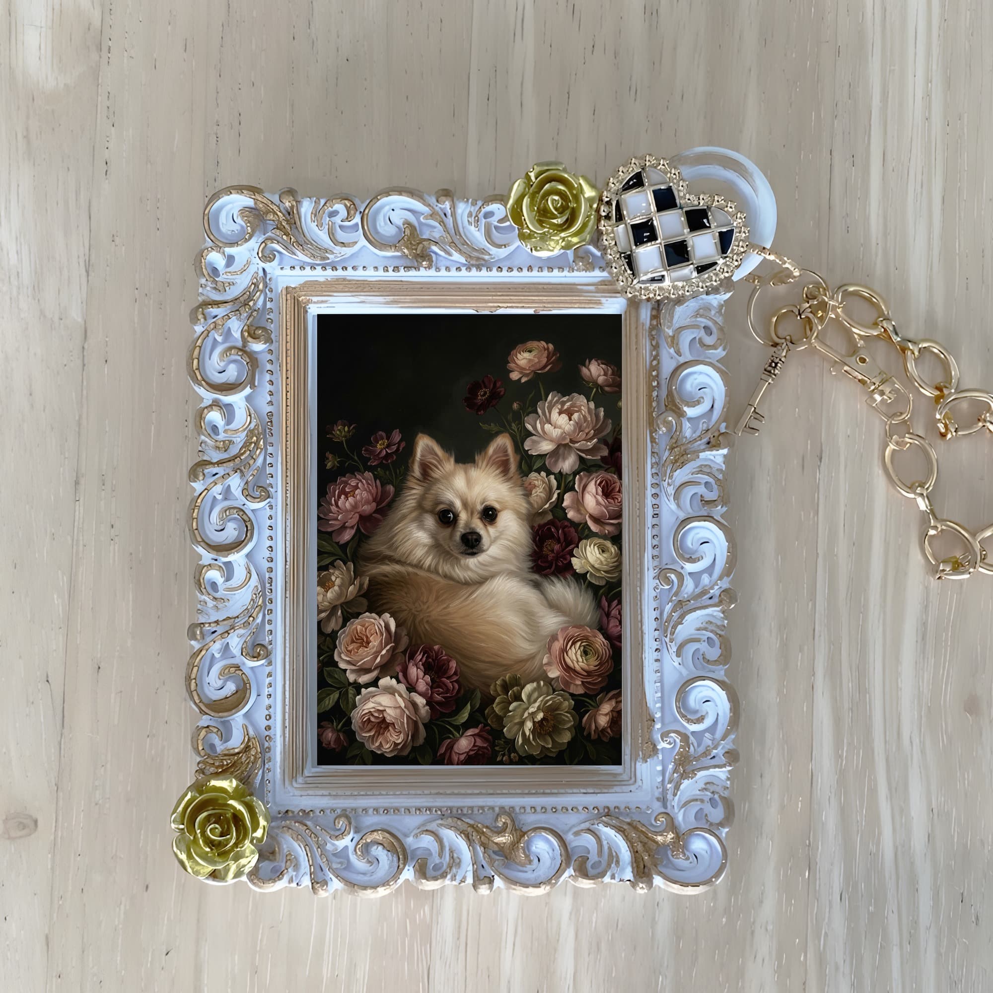 Pomeranian Floral Oil-Painting Floral Bag Charm (White)